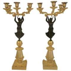 French Empire Figural Ormolu and Patinated Bronze Candelabra, Signed Mene, Pair