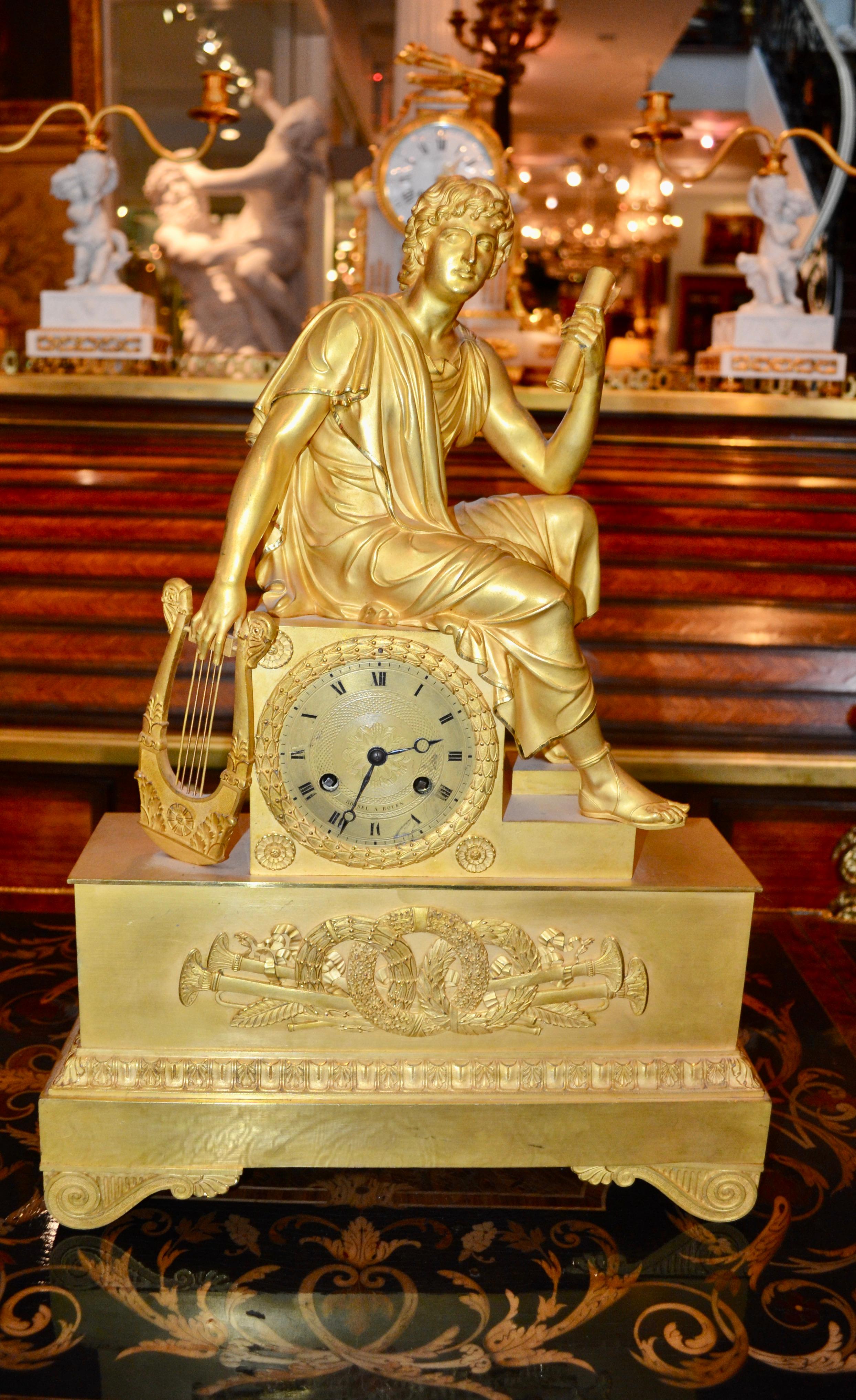 French Empire Figurative Gilt Bronze Clock of a Roman Youth Holding a Scroll For Sale 6