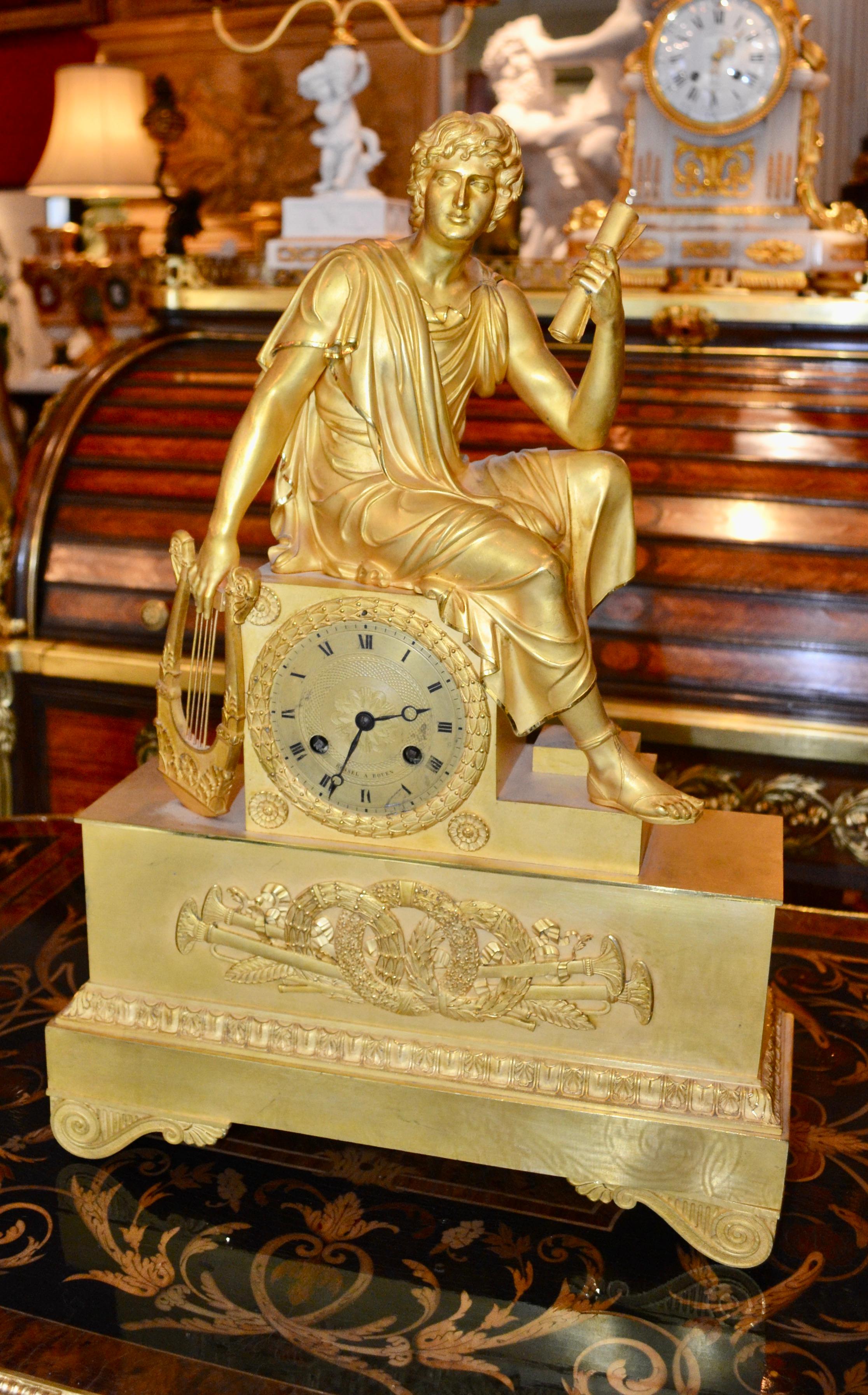 French Empire Figurative Gilt Bronze Clock of a Roman Youth Holding a Scroll For Sale 5