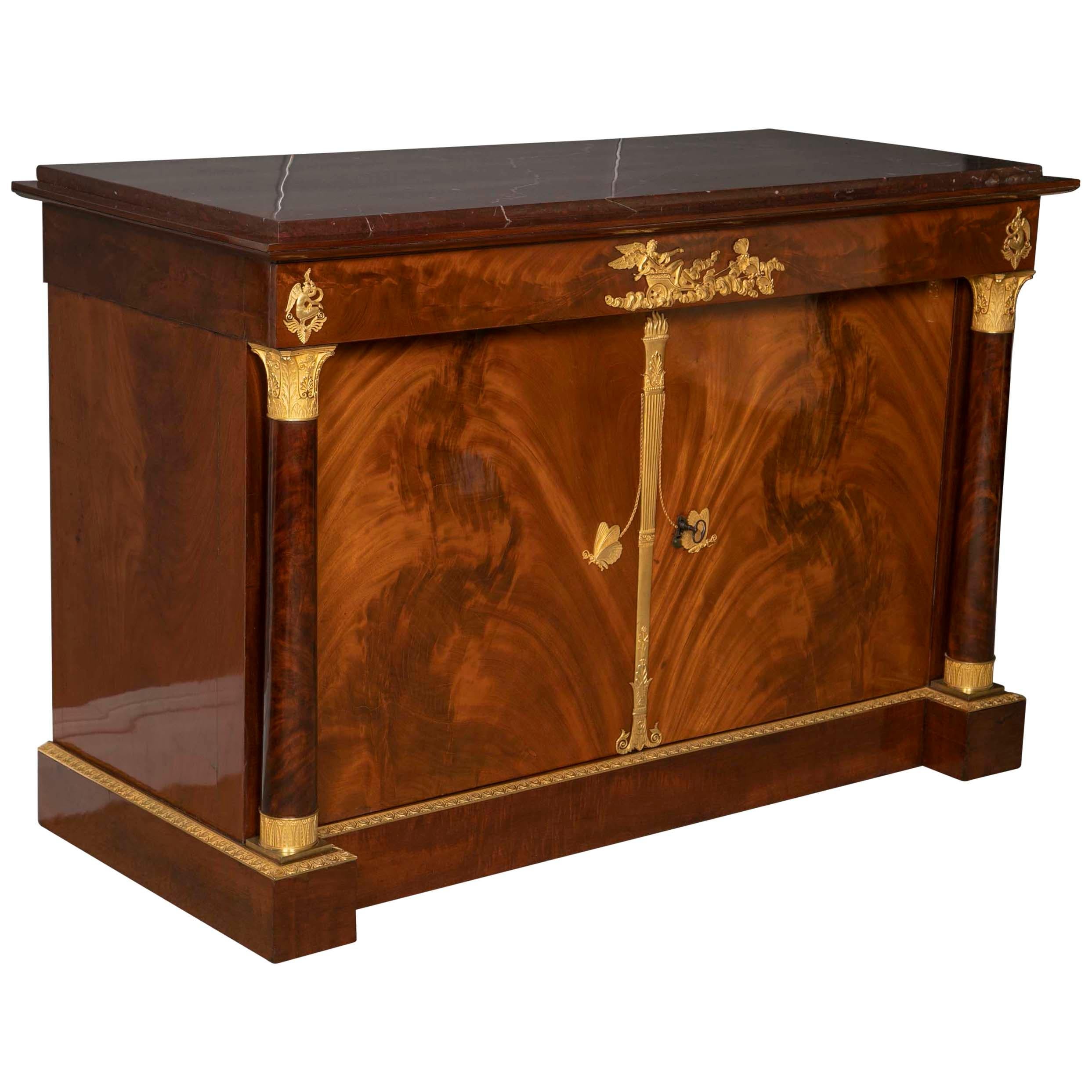 Flame Mahogany and Gilt Bronze Commode with Rouge Griotte By Molitor For Sale