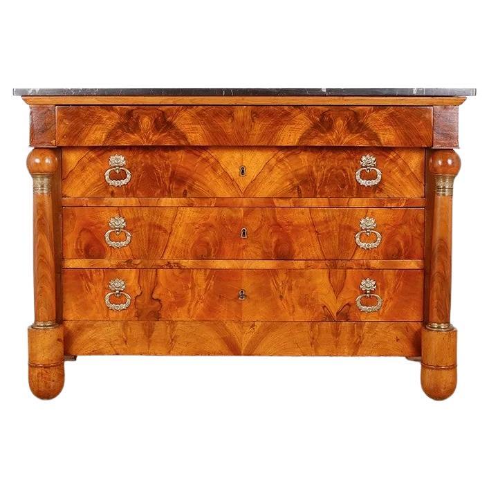 French Empire Flame Mahogany Chest of Drawers with Marble Top