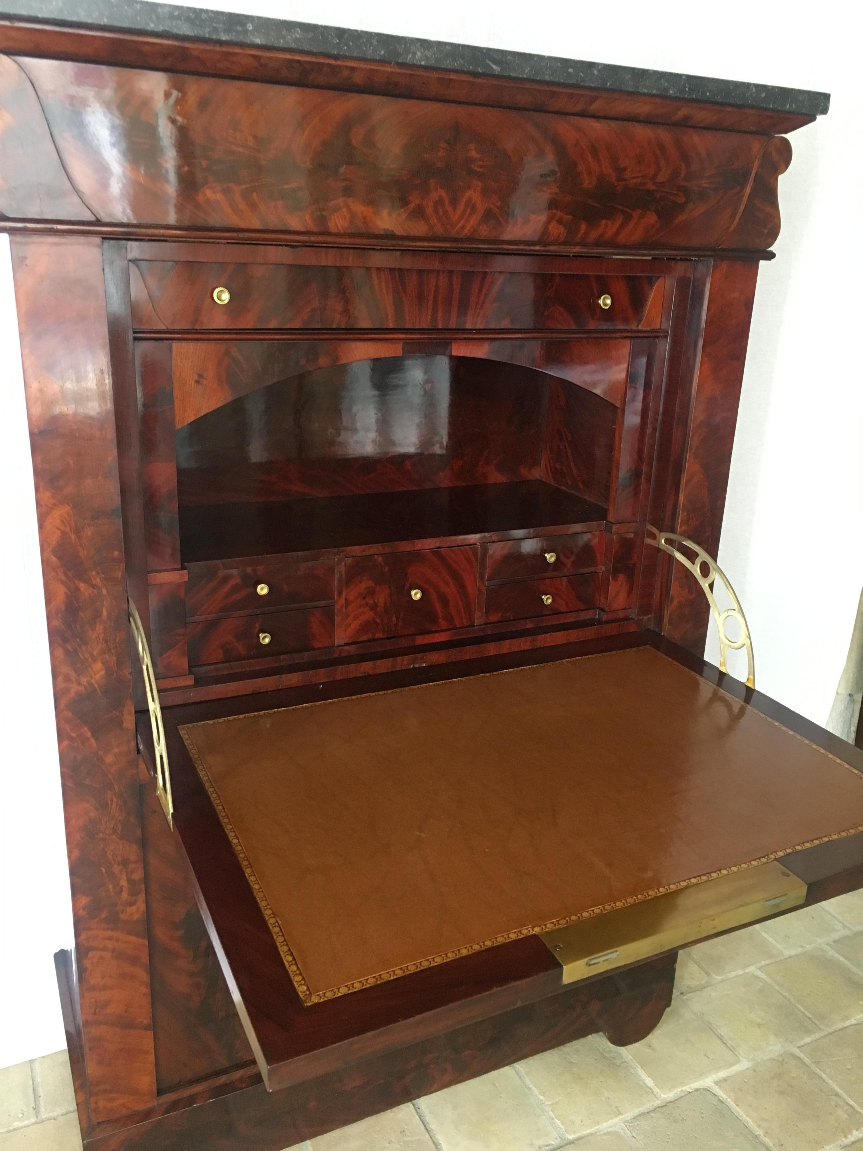 Hand-Crafted Early 19th Century French Empire Flame Mahogany Drop Front Secretary Desk For Sale