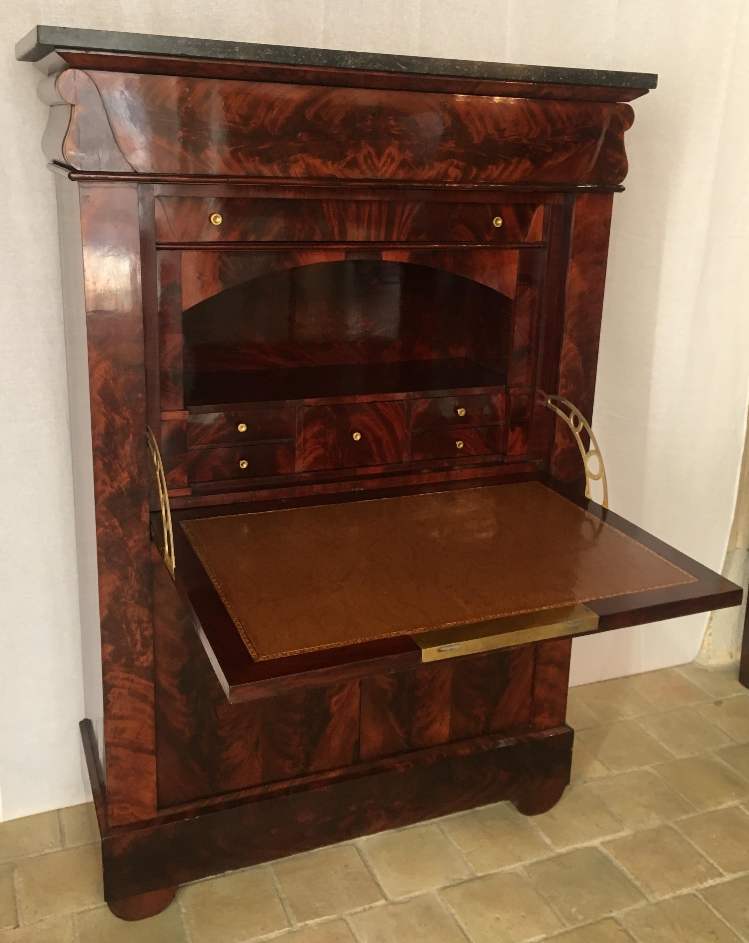 French Empire Flame Mahogany Drop Front Secretaire Abattant