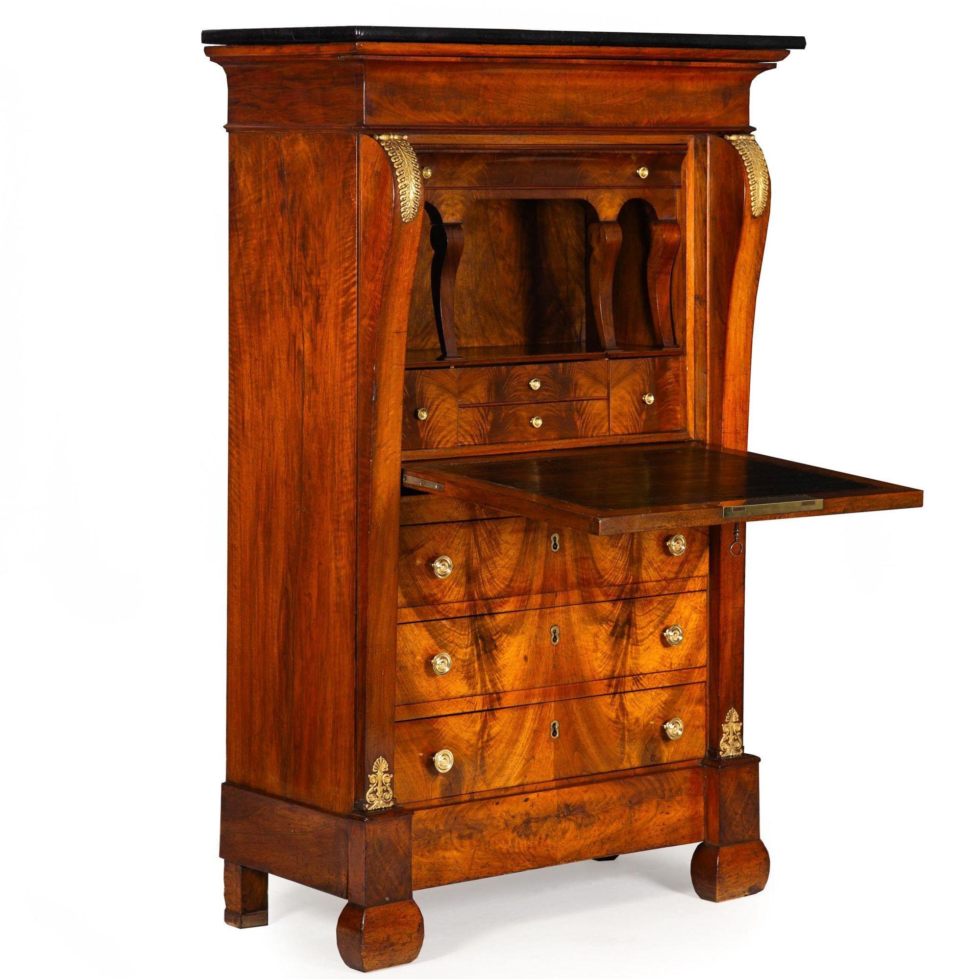 LOUIS PHILIPPE FLAMED MAHOGANY SECRETAIRE A'ABATTANT
France, circa 1830
Item # 407TCJ10P

This positively stunning secretary desk from the second quarter of the 19th century features a carefully selected and executed book-matching of flamed mahogany