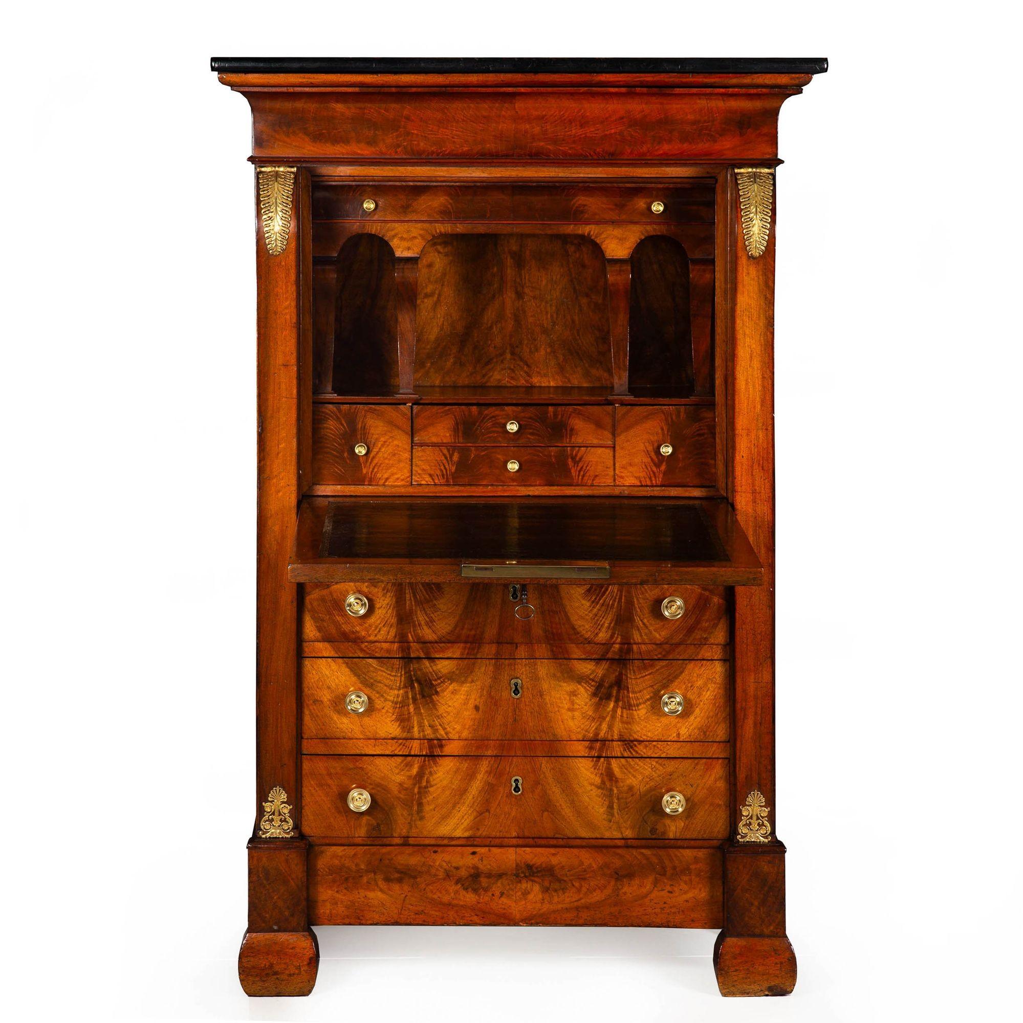 Ebonized French Empire Flamed Mahogany Secretaire a'Abattant Desk ca. 1830 For Sale
