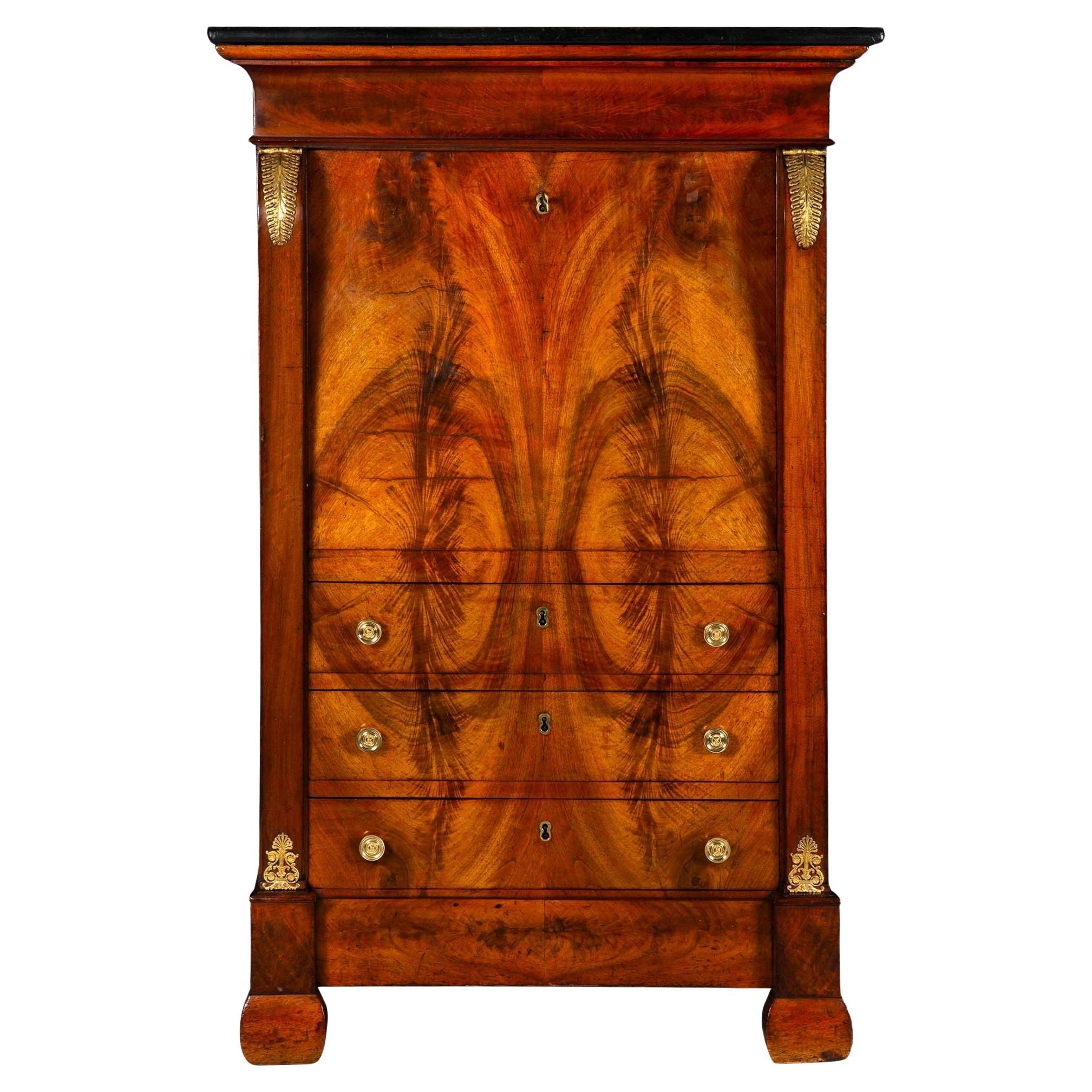 French Empire Flamed Mahogany Secretaire a'Abattant Desk ca. 1830 For Sale