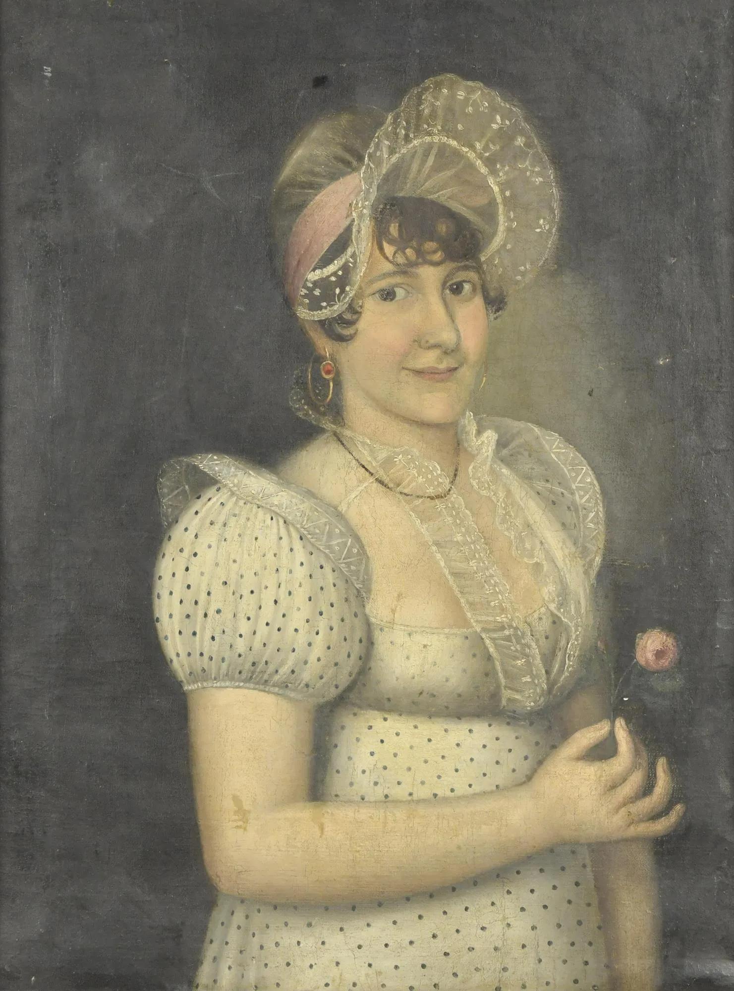 Hand-Painted French Empire Folk-Art Portrait of a Woman, Circa 1810