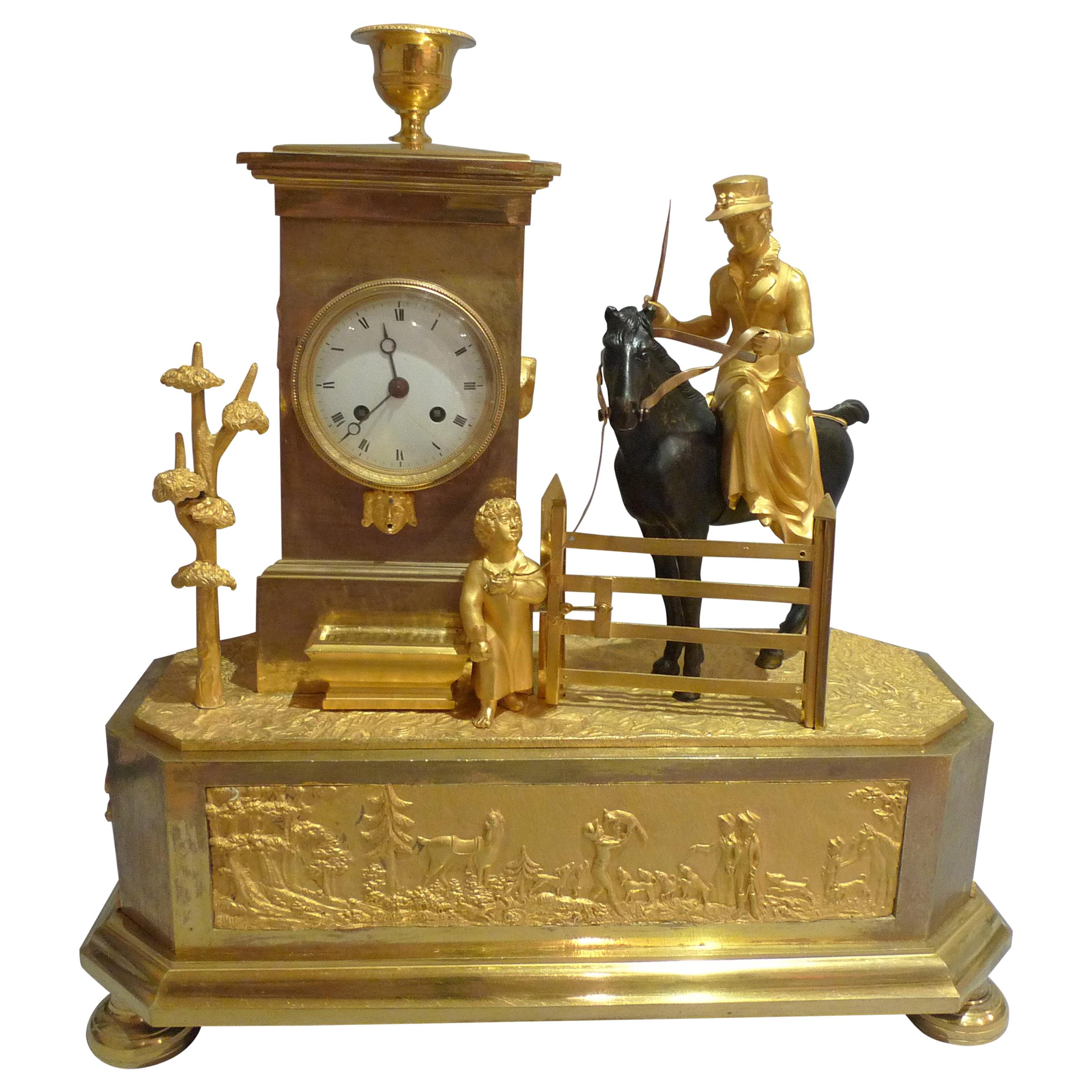 French Empire Genre Mantel Clock of an Arcadian Hunting Scene For Sale