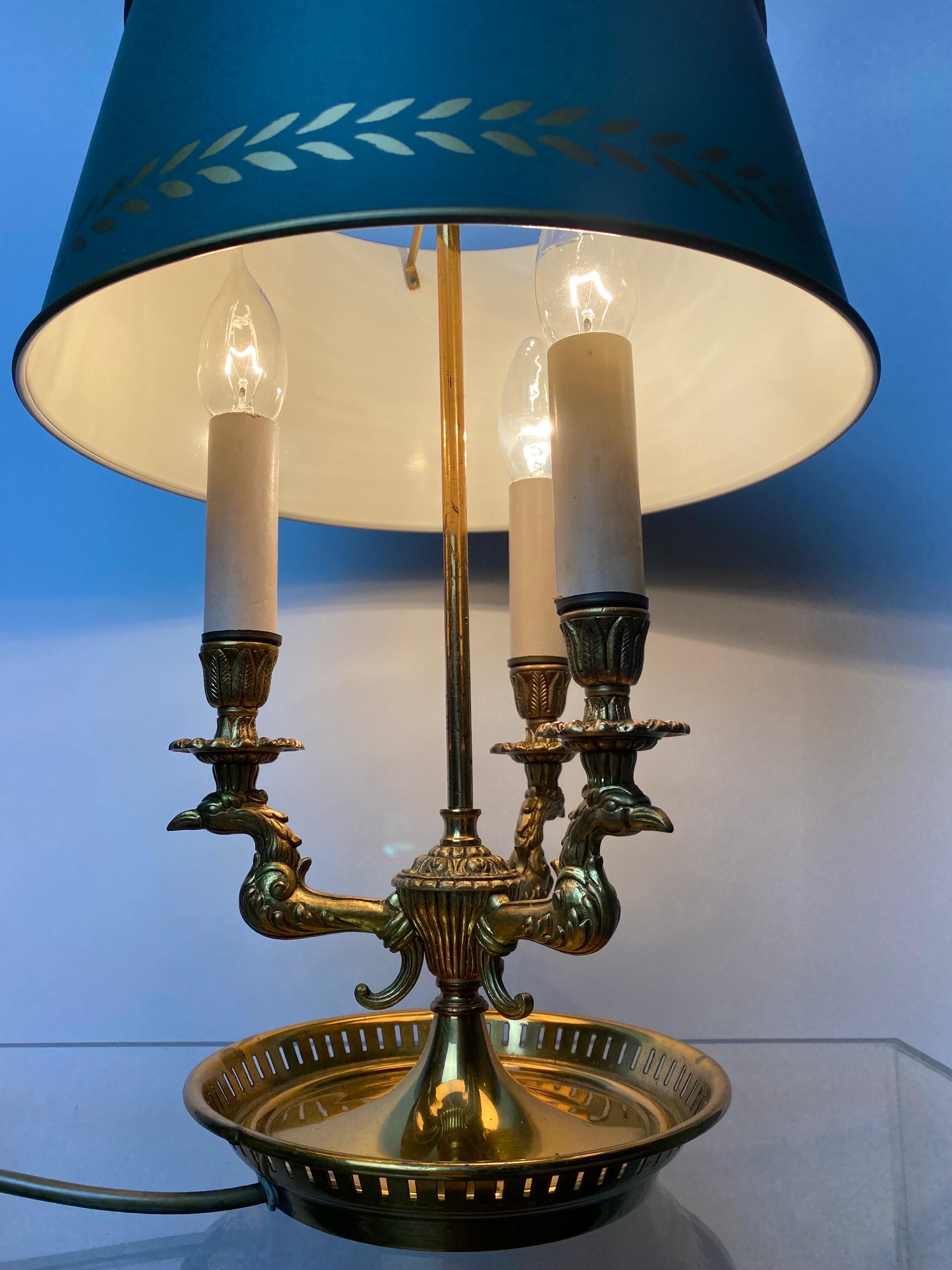 Mid-20th Century French Empire Gilded Bronze Bouillotte Lamp with 3 Eagle Arms For Sale