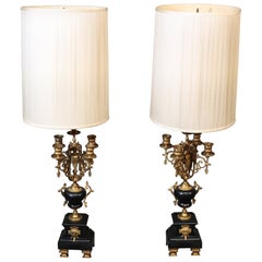 French Empire Gilded Dore Bronze Adorned Black Marble Table Lamps Silk Shades