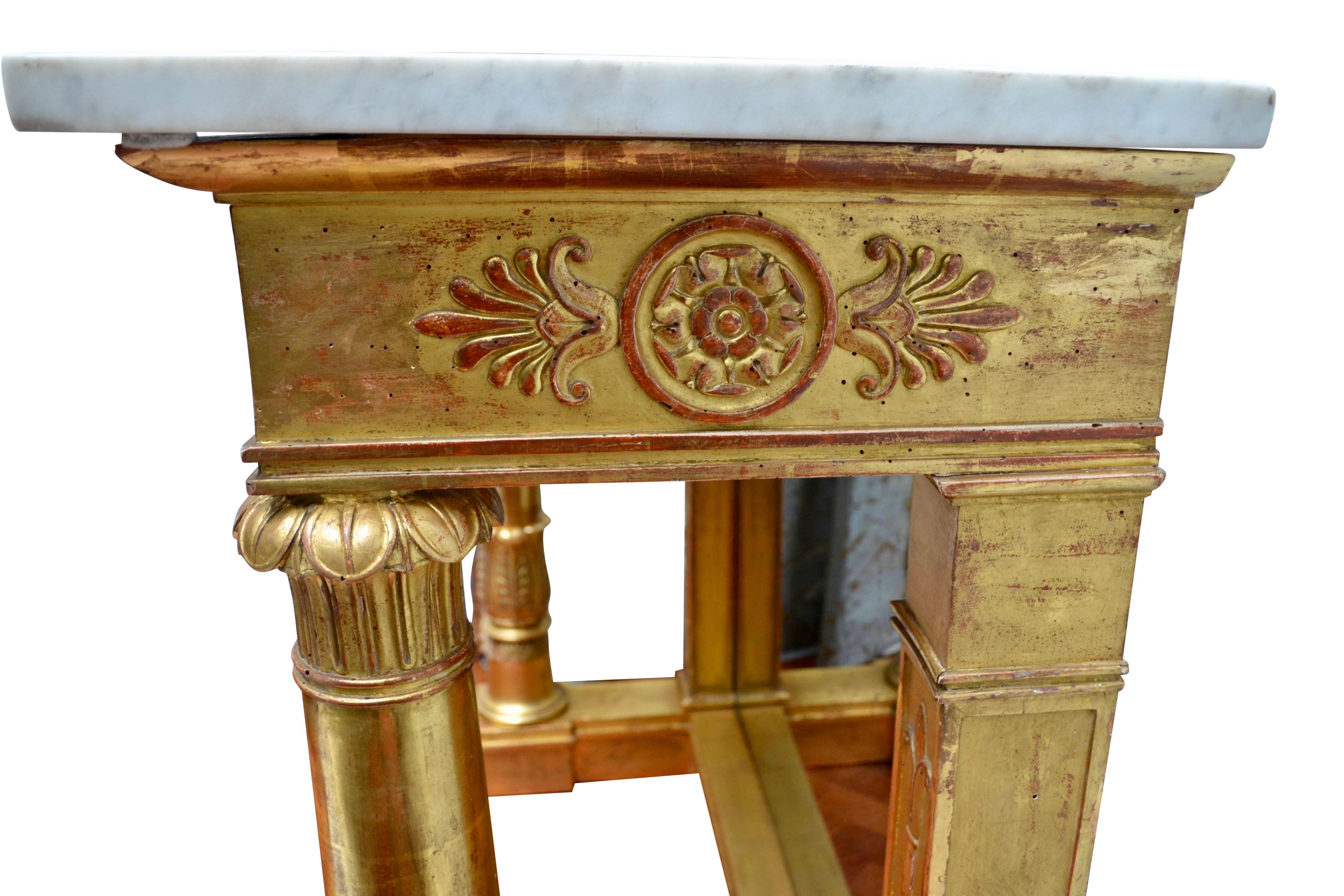 Early 19th Century French Empire Gilded Wood Marble Topped Console Stamped Belange For Sale