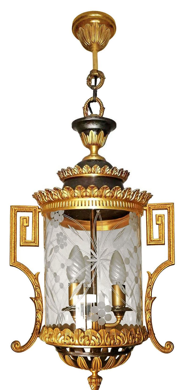 Cast French Empire Gilt and Patinated Bronze and Cut Glass 3-Light Lantern Chandelier For Sale