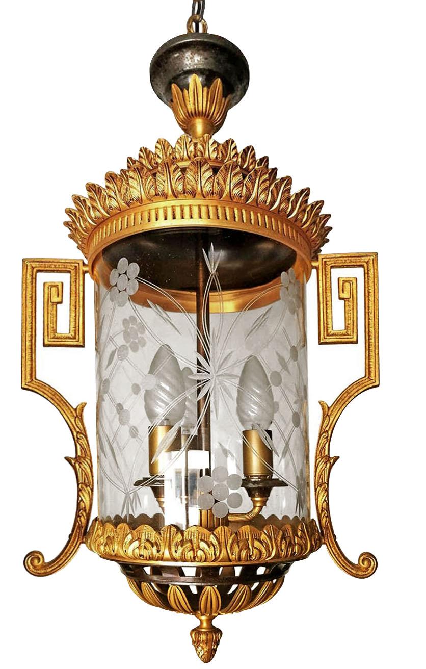 French Empire Gilt and Patinated Bronze and Cut Glass 3-Light Lantern Chandelier For Sale 1