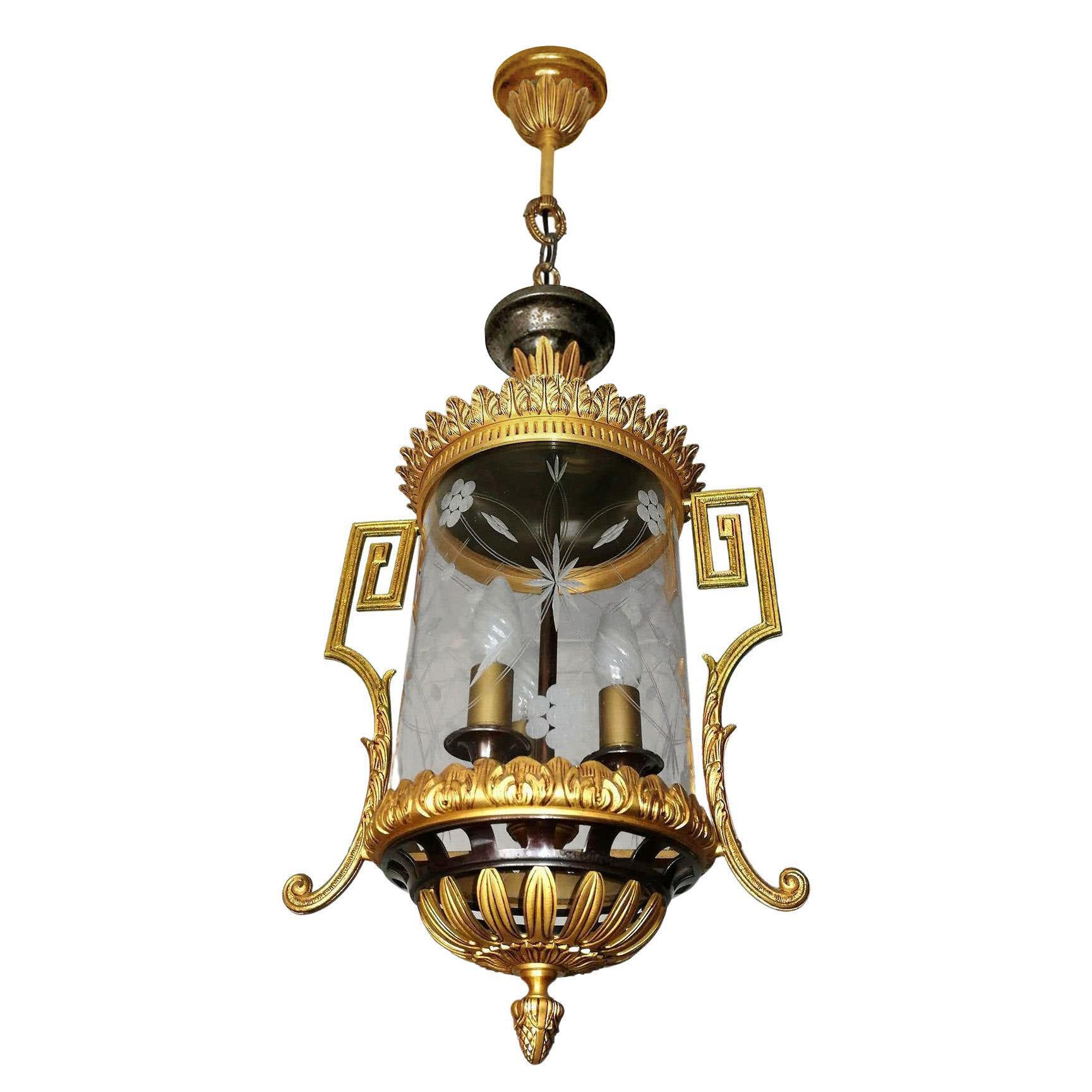 French Empire Gilt and Patinated Bronze and Cut Glass 3-Light Lantern Chandelier For Sale 3