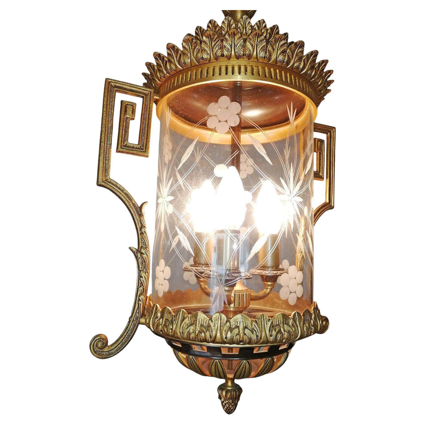 French Empire Gilt and Patinated Bronze and Cut Glass 3-Light Lantern Chandelier For Sale 4