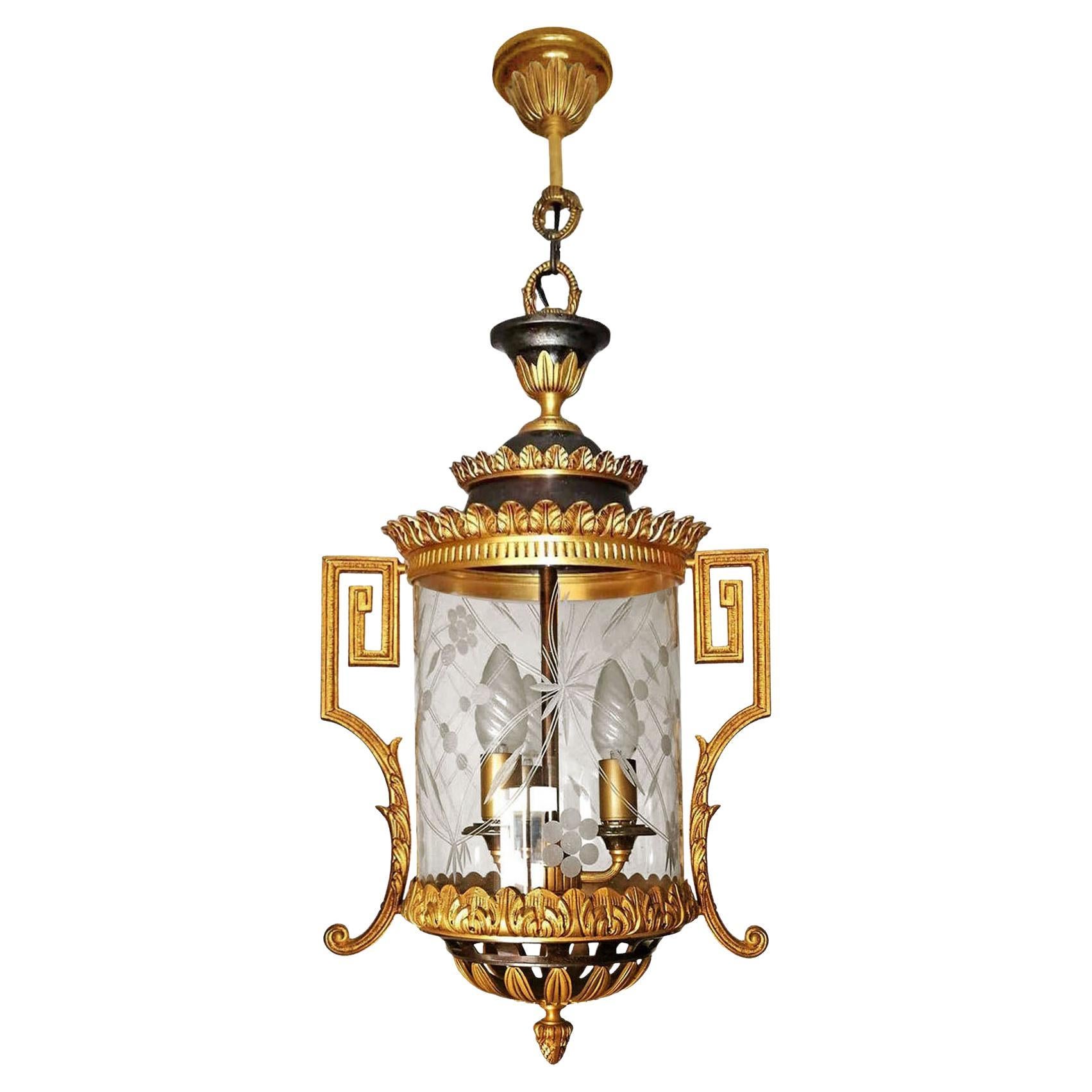French Empire Gilt and Patinated Bronze and Cut Glass 3-Light Lantern Chandelier