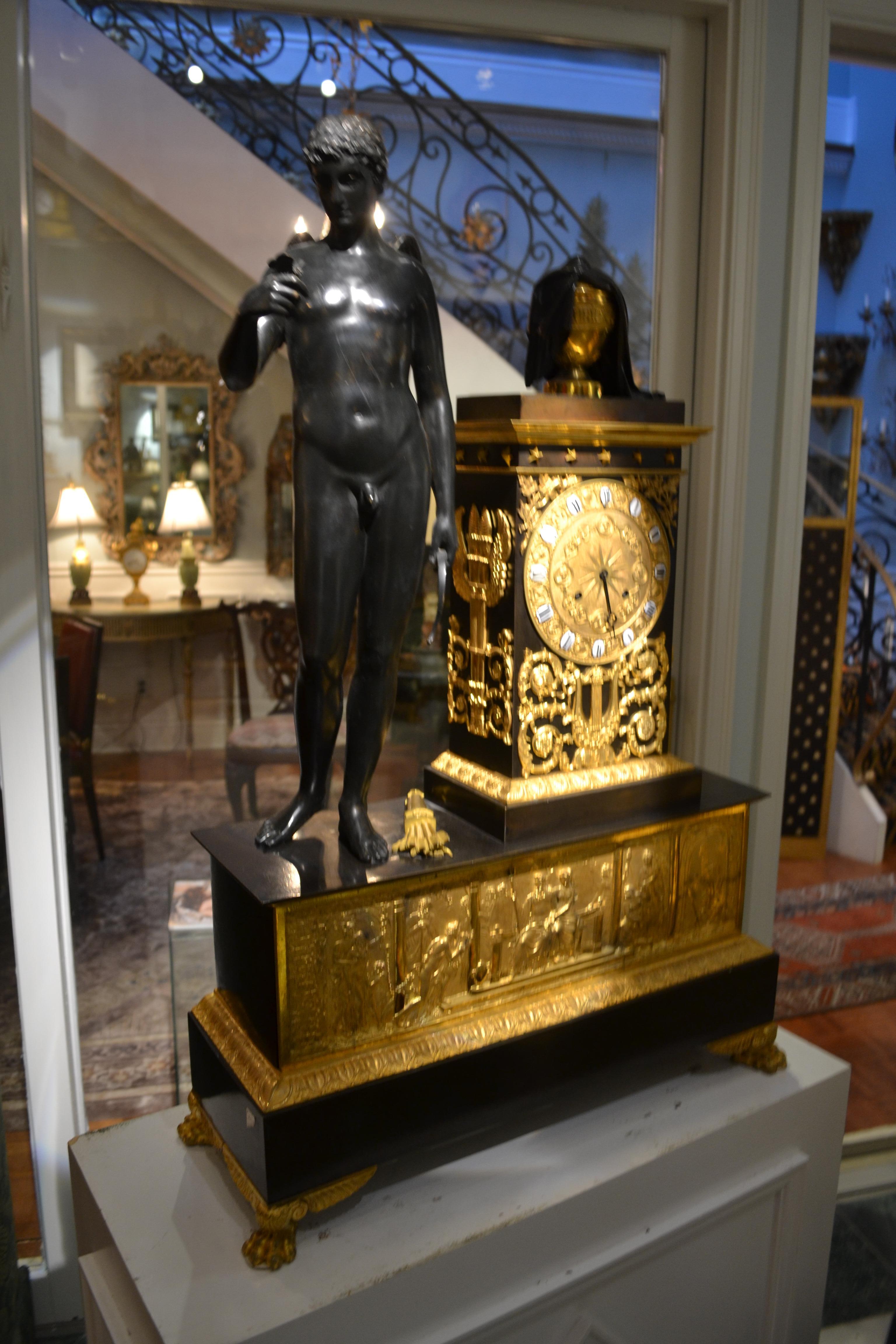 French Empire Gilt and Patinated Bronze Figurative Clock of Cupid and Eurydice  For Sale 8