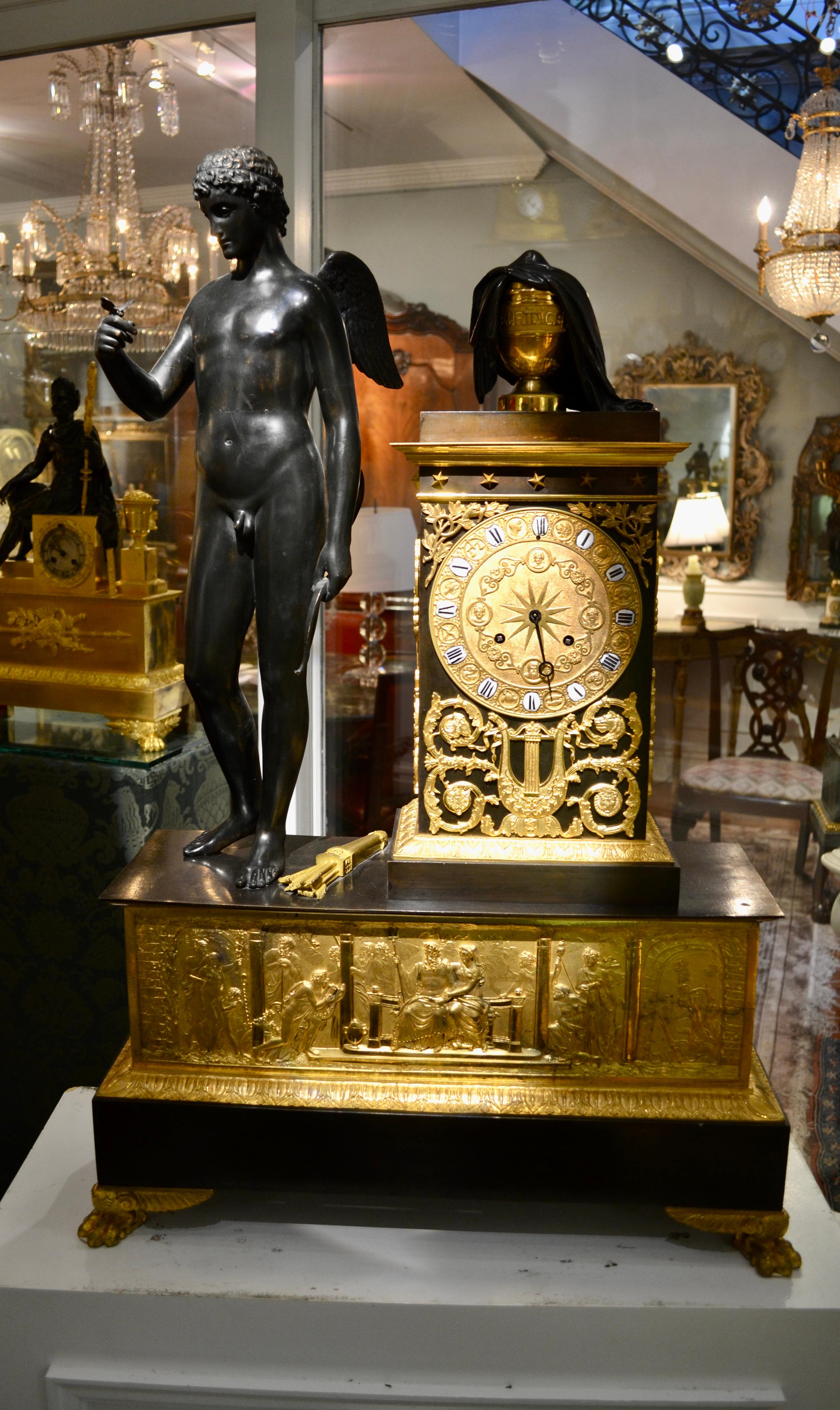 French Empire Gilt and Patinated Bronze Figurative Clock of Cupid and Eurydice  For Sale 9