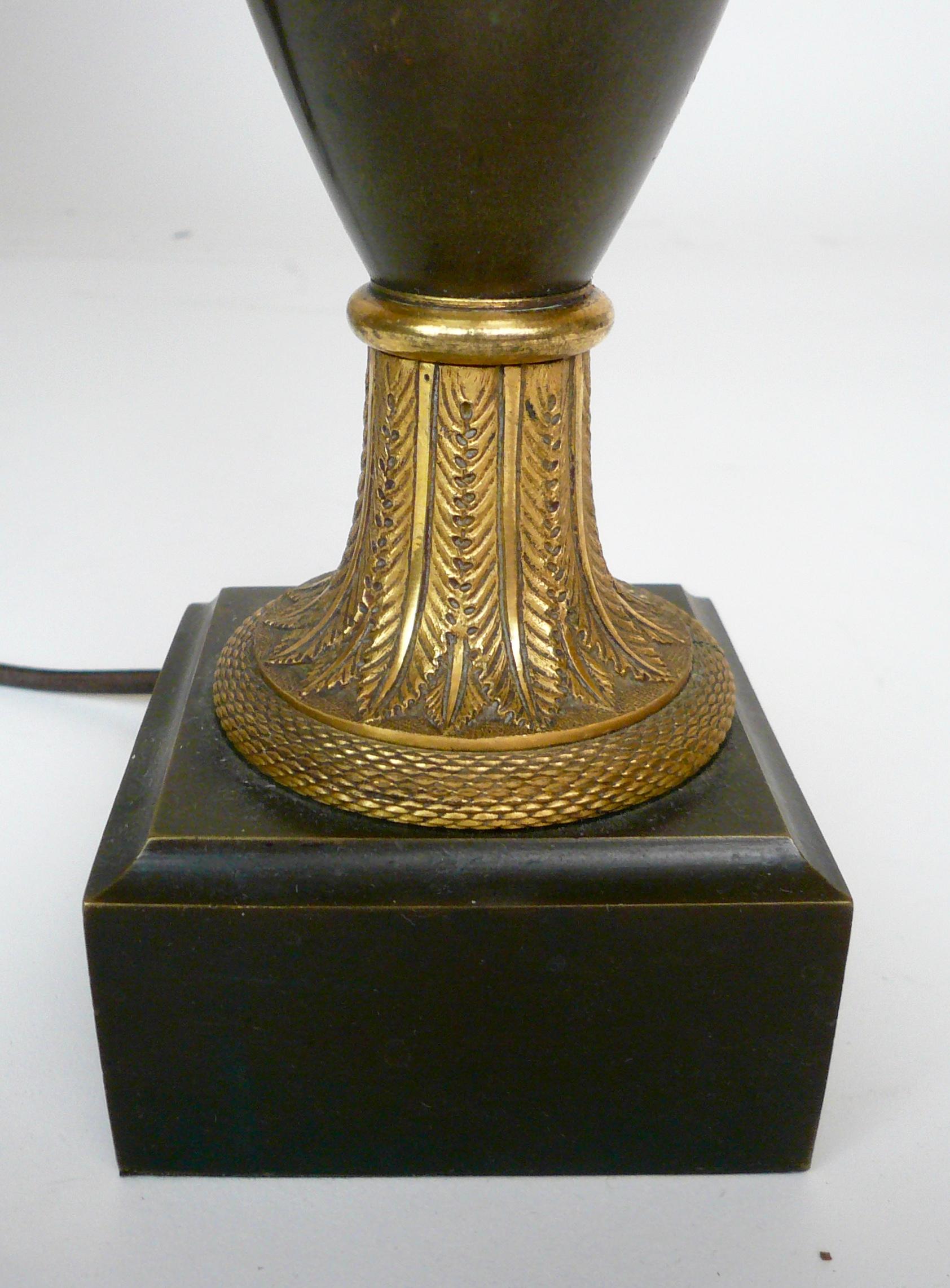 French Empire Gilt and Patinated  Bronze Urn Form Lamp Base In Good Condition For Sale In Pittsburgh, PA