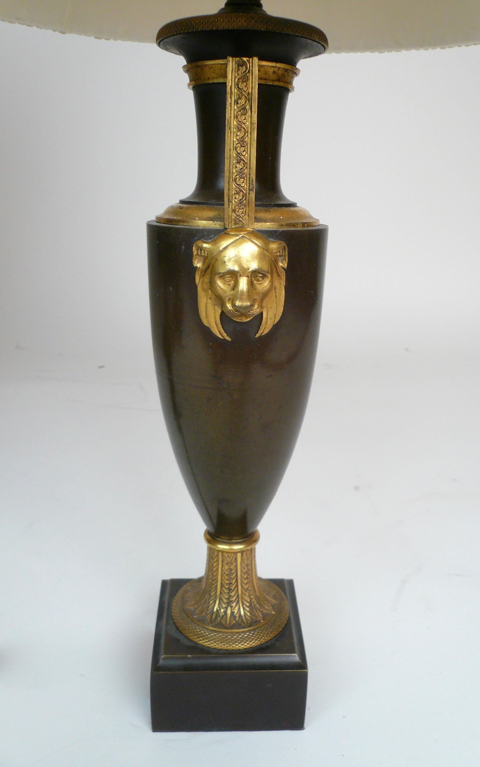 French Empire Gilt and Patinated  Bronze Urn Form Lamp Base For Sale 1