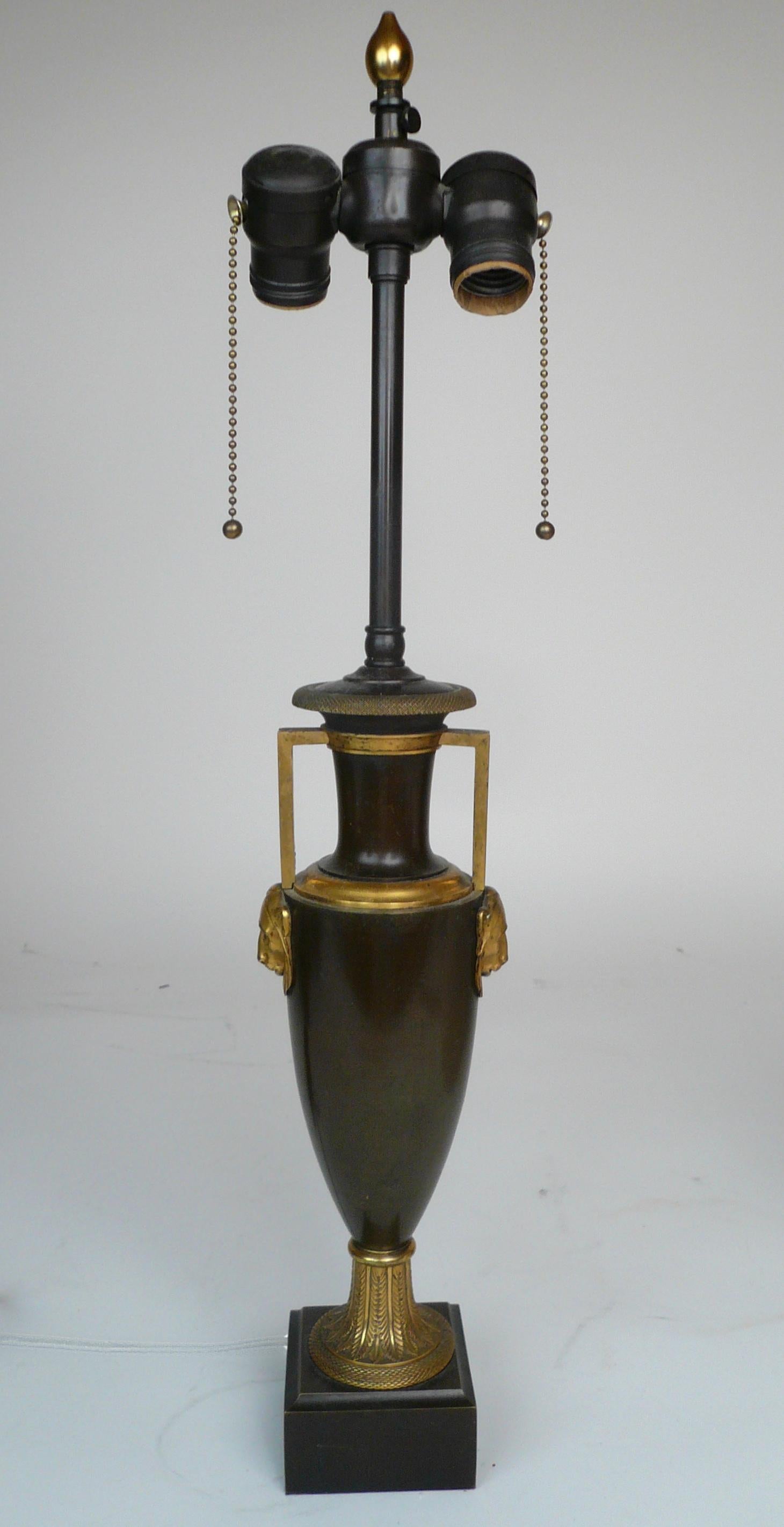 French Empire Gilt and Patinated  Bronze Urn Form Lamp Base For Sale 3