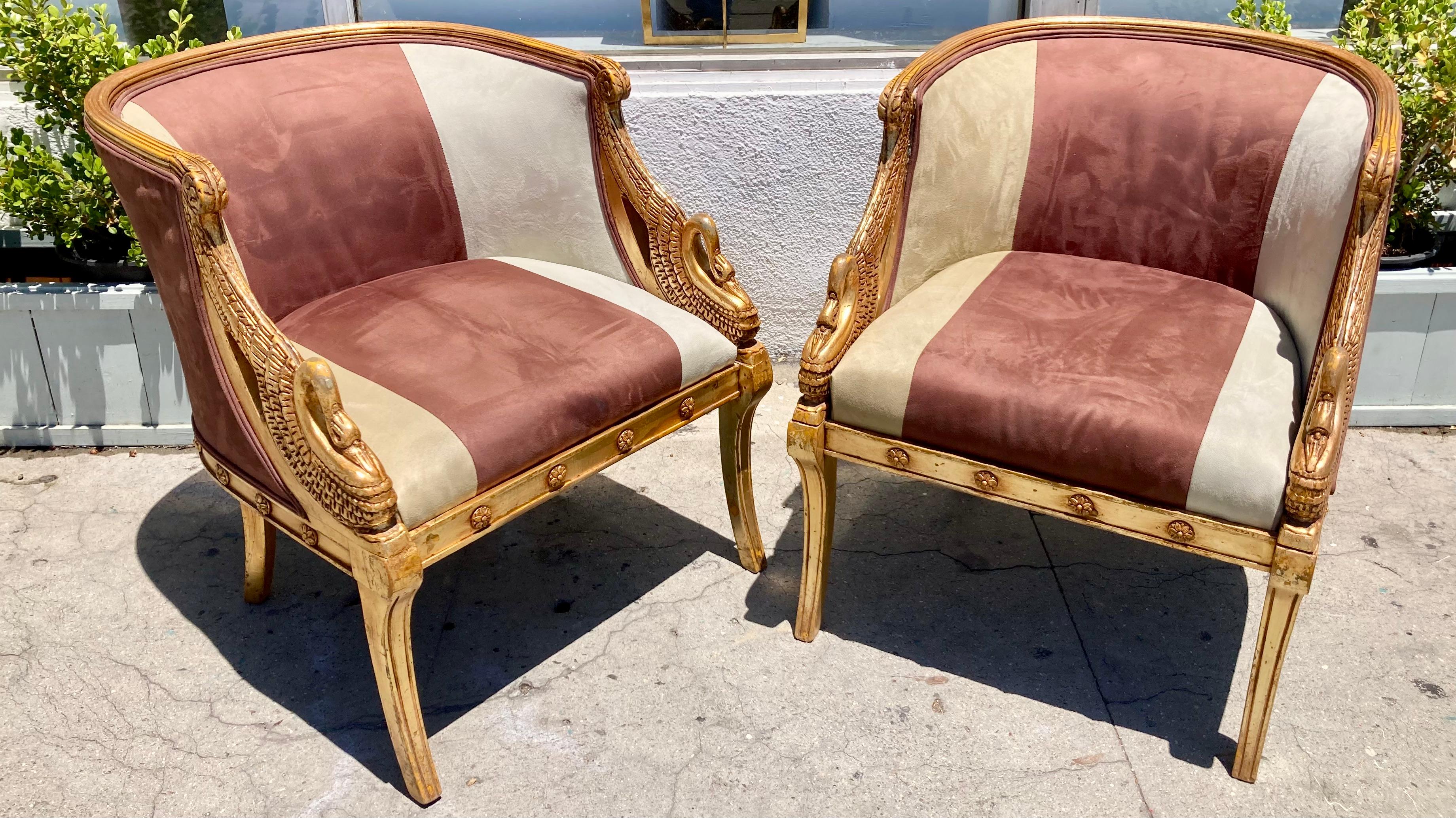 French Empire Gilt Barrel Back Bergere Chair, a Pair Imperio en venta