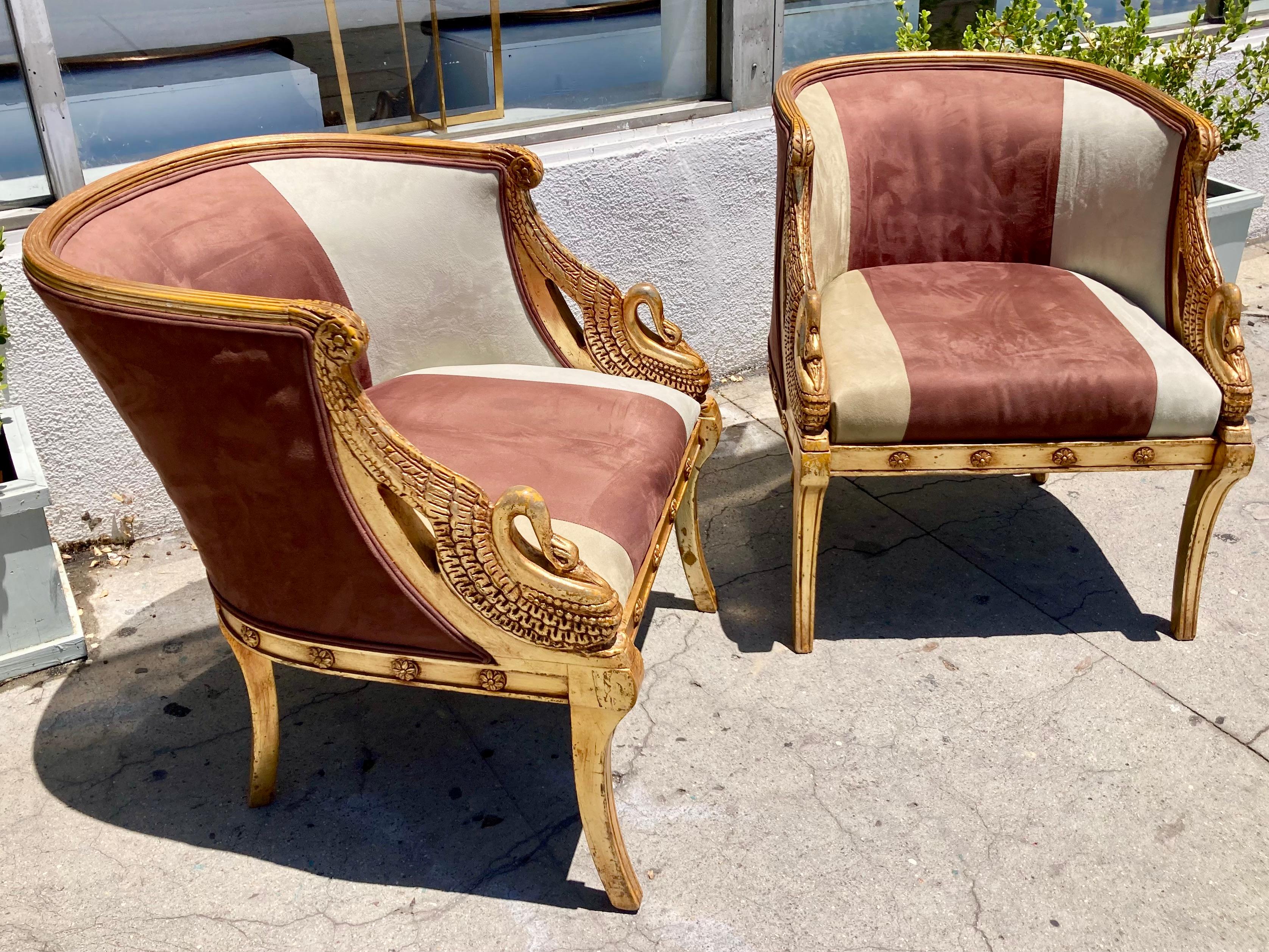 French Empire Gilt Barrel Back Bergere Chair, a Pair Francés en venta