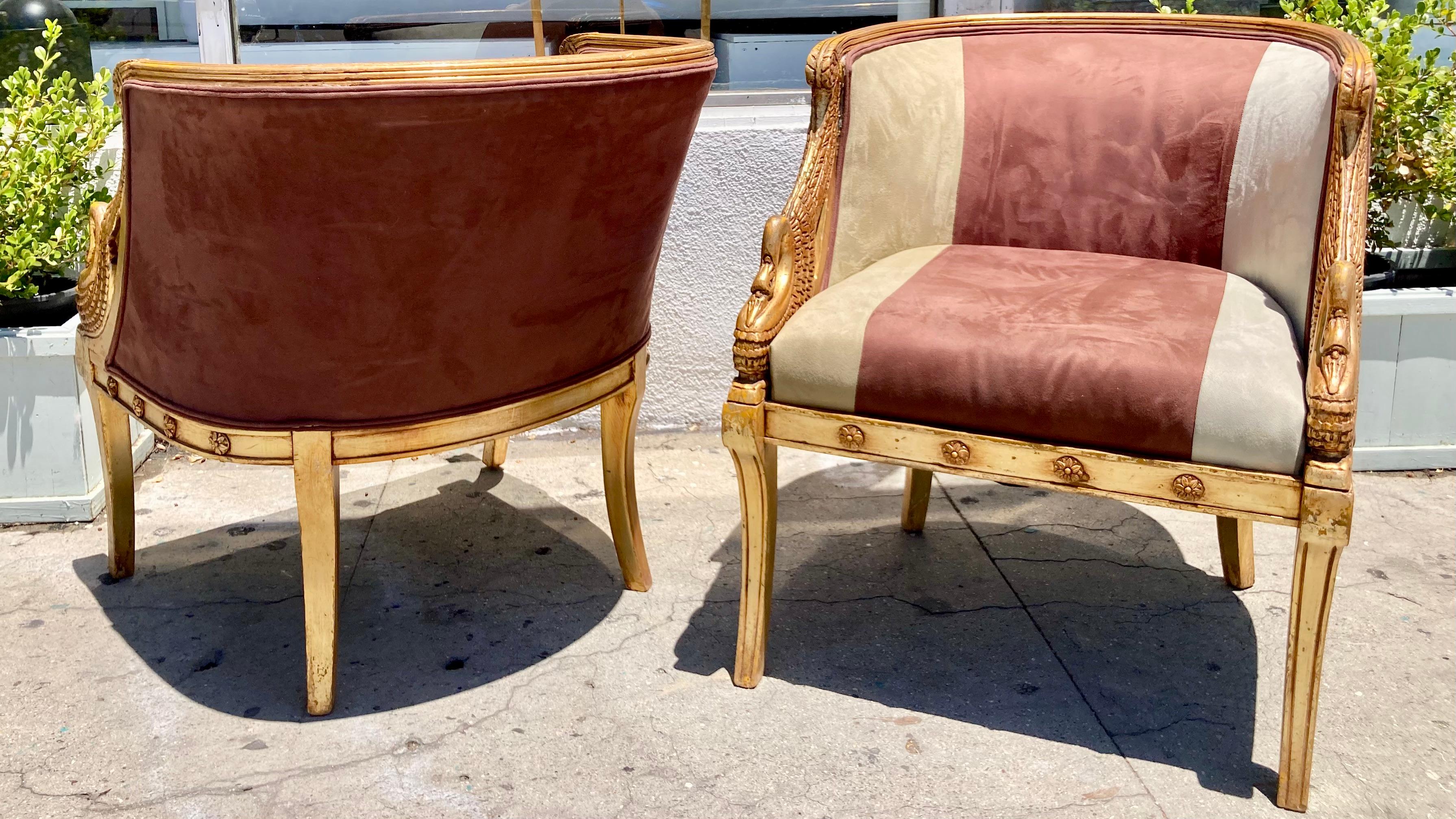 French Empire Gilt Barrel Back Bergere Chair, a Pair en Bueno estado para la venta en Los Angeles, CA