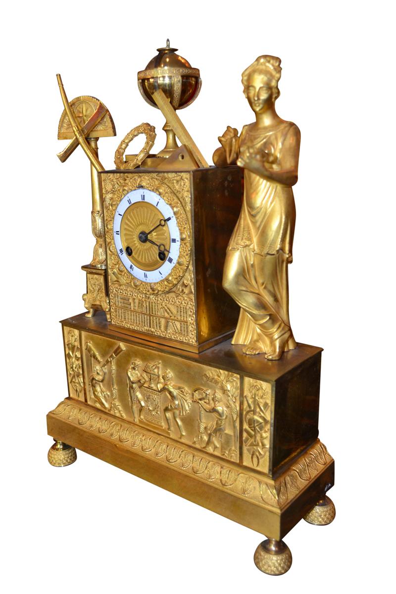 French Empire Gilt Bronze Allegorical Clock of the Astronomical Sciences For Sale 3