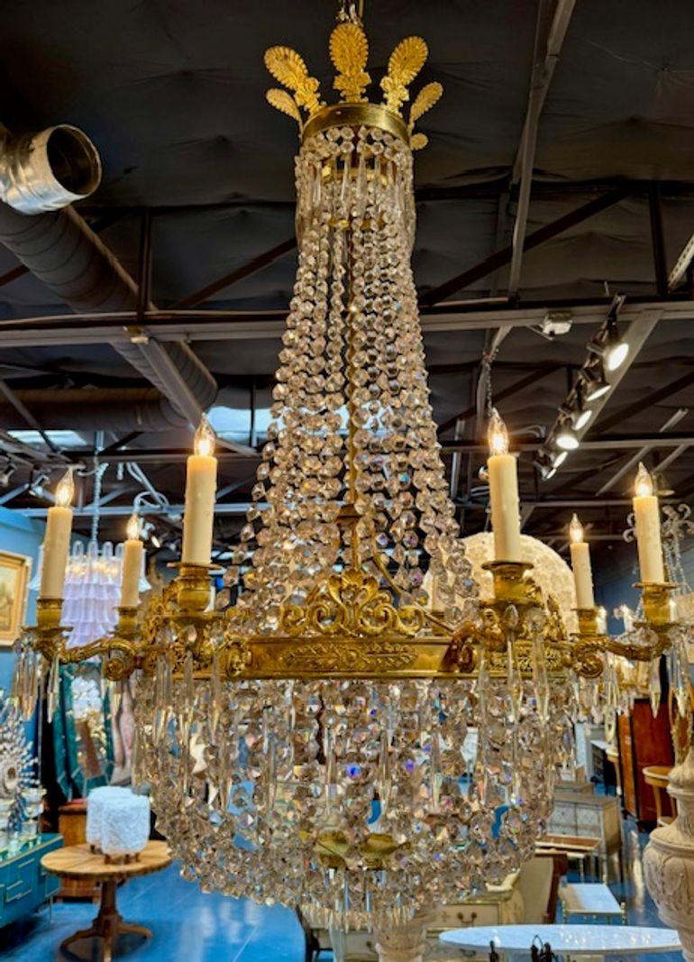 19th Century French Empire Gilt Bronze and Crystal Basket Chandelier For Sale
