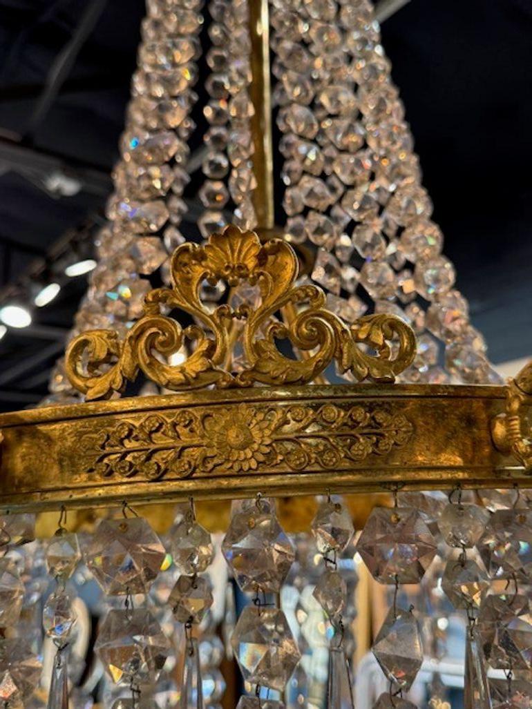 French Empire Gilt Bronze and Crystal Basket Chandelier For Sale 2