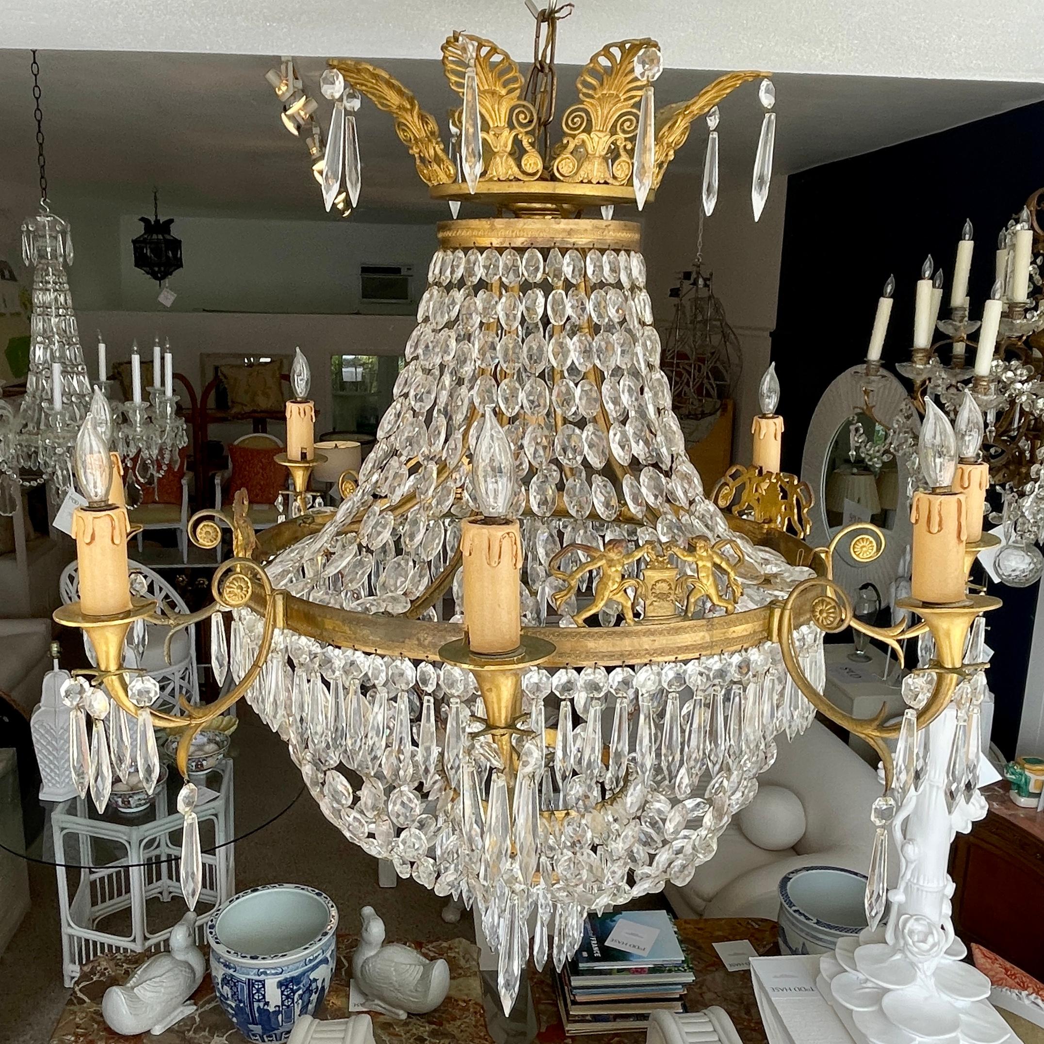 19th Century French Empire Gilt Bronze and Crystal Chandelier