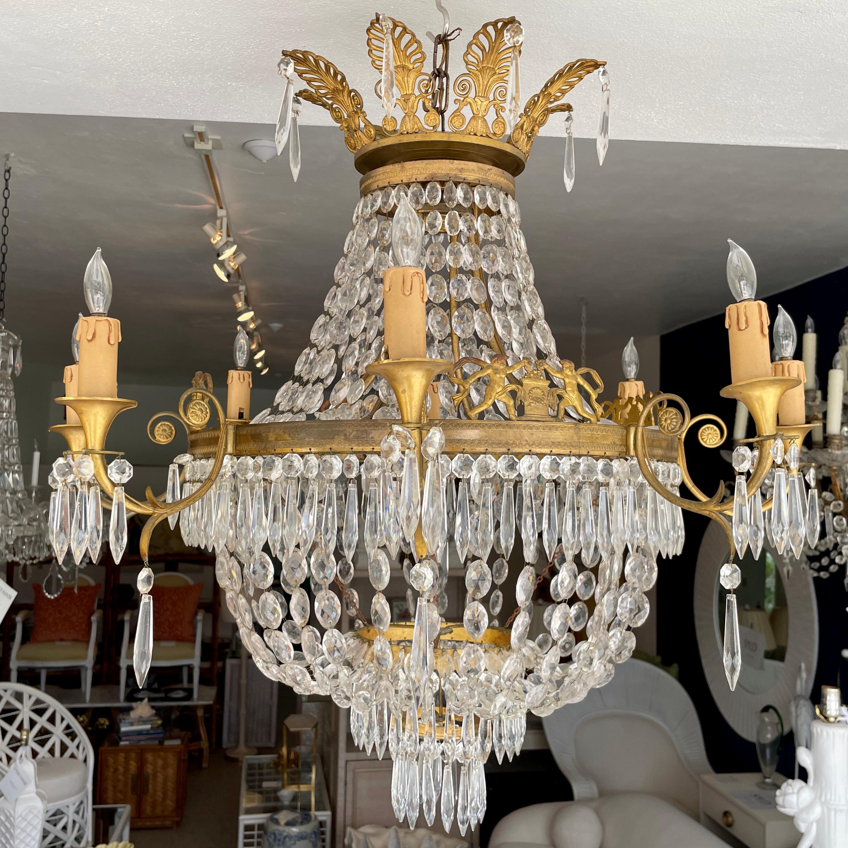 French Empire Gilt Bronze and Crystal Chandelier 1