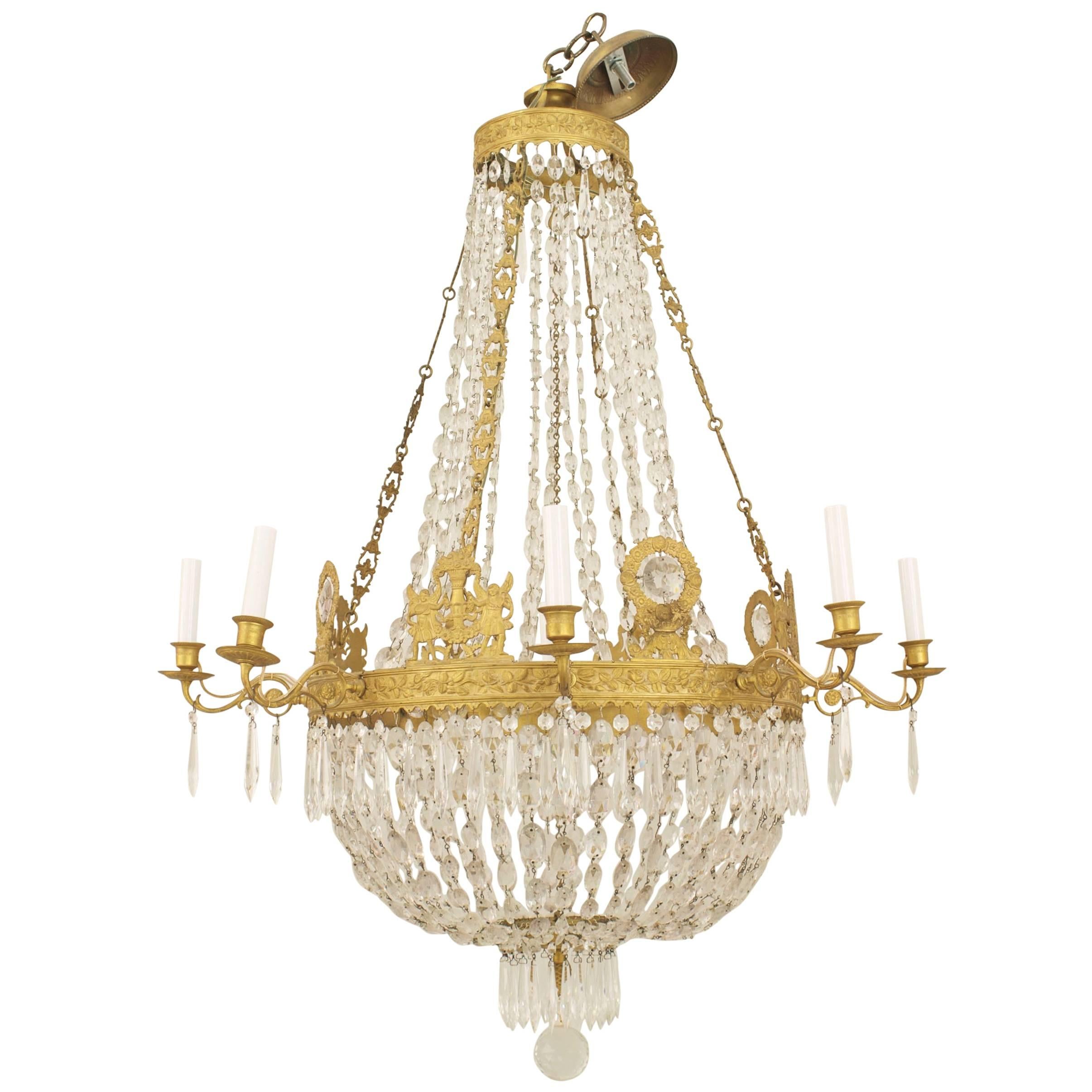 Lampadario francese Impero in bronzo dorato e cristallo