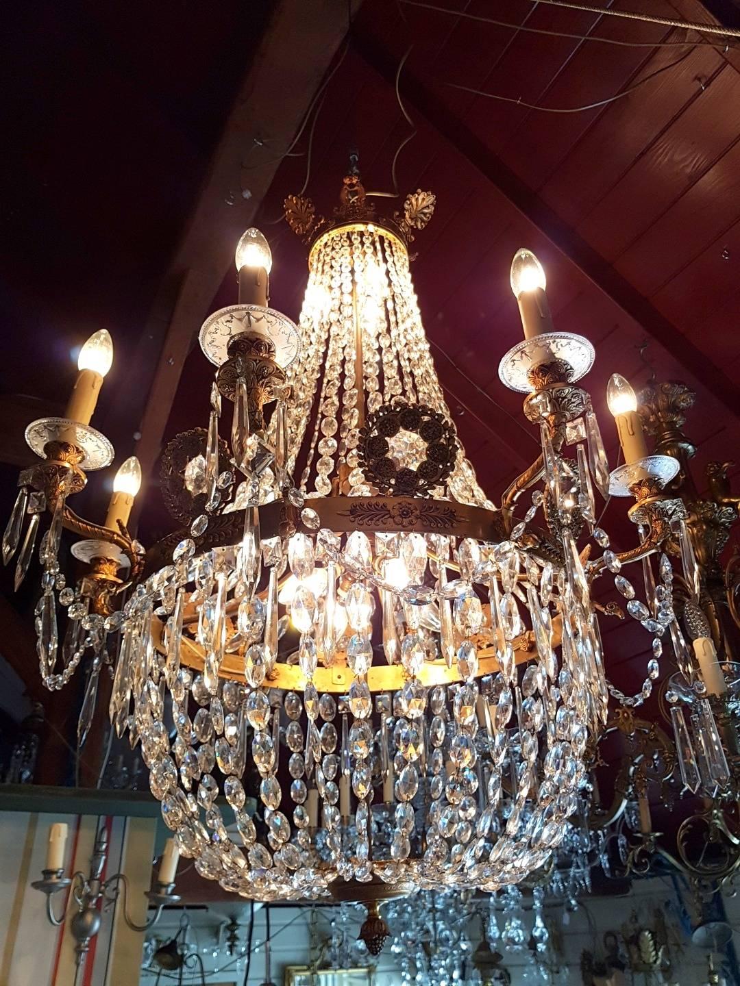 French Empire Gilt Bronze and Crystal Cut Dore Chandelier For Sale 1