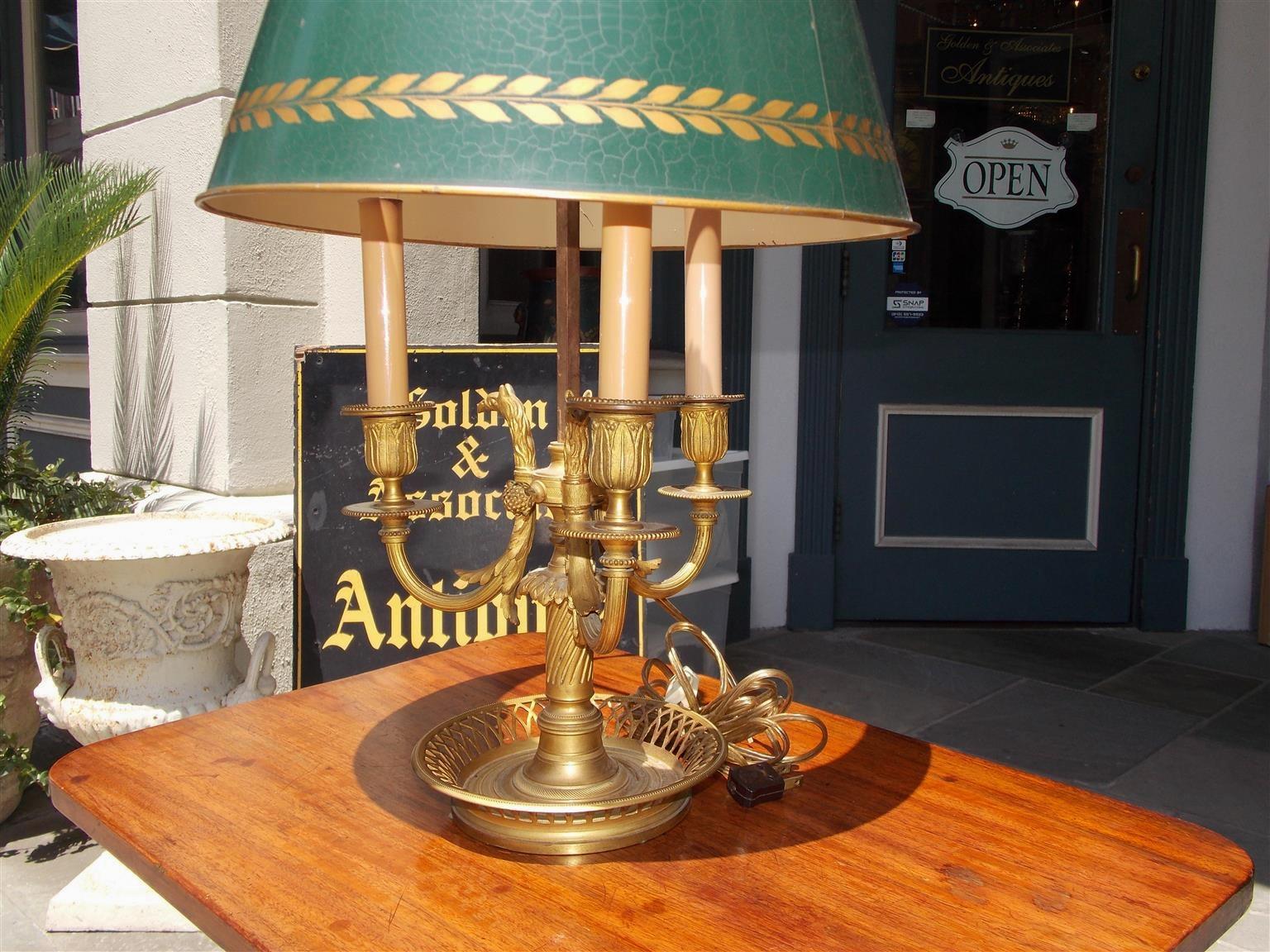 Hand-Painted French Empire Gilt Bronze and Griffon Bouillotte Lamp with Tole Shade, C. 1820 For Sale