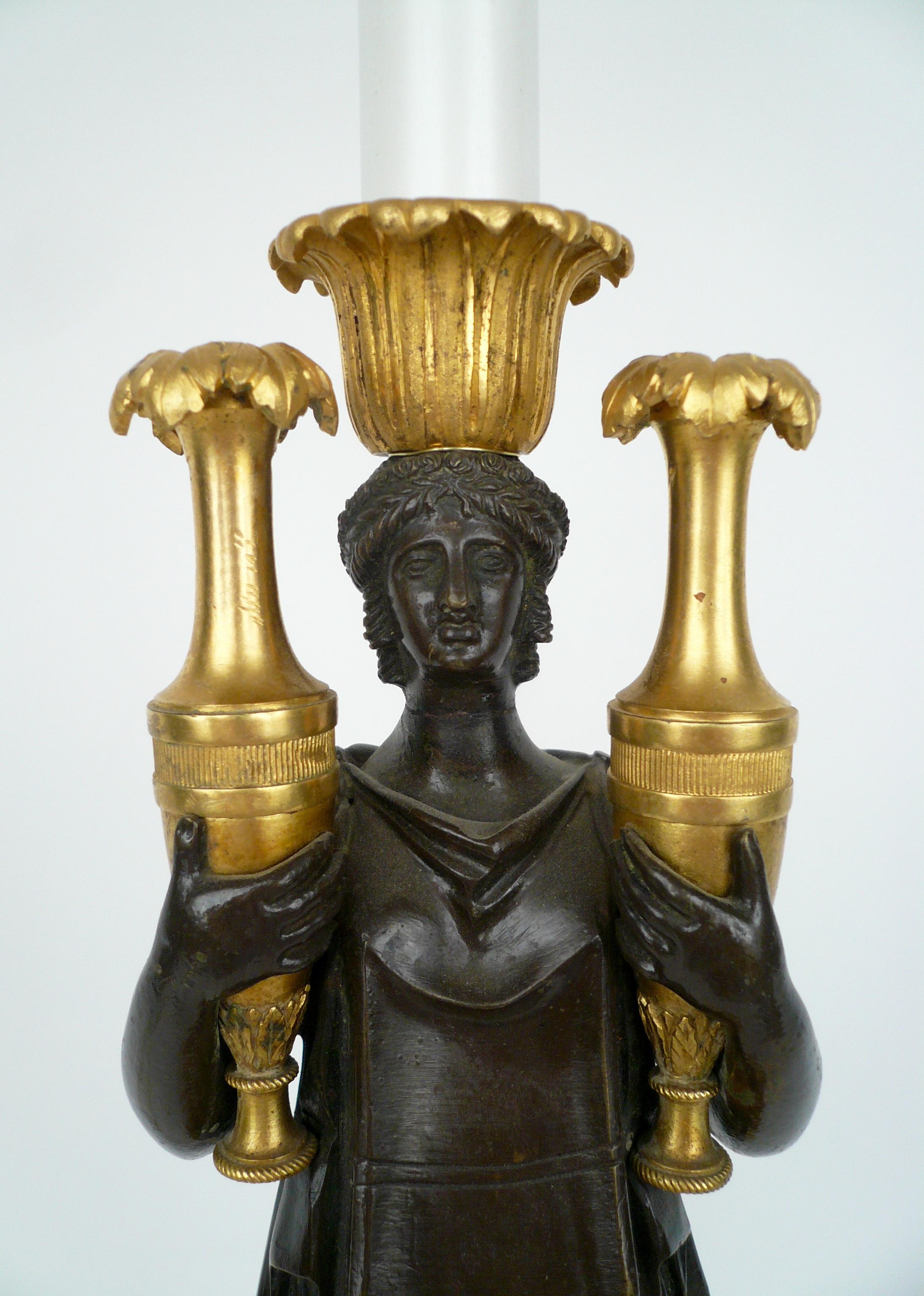 French Empire Gilt Bronze and Marble Figural Lamp Base For Sale 7