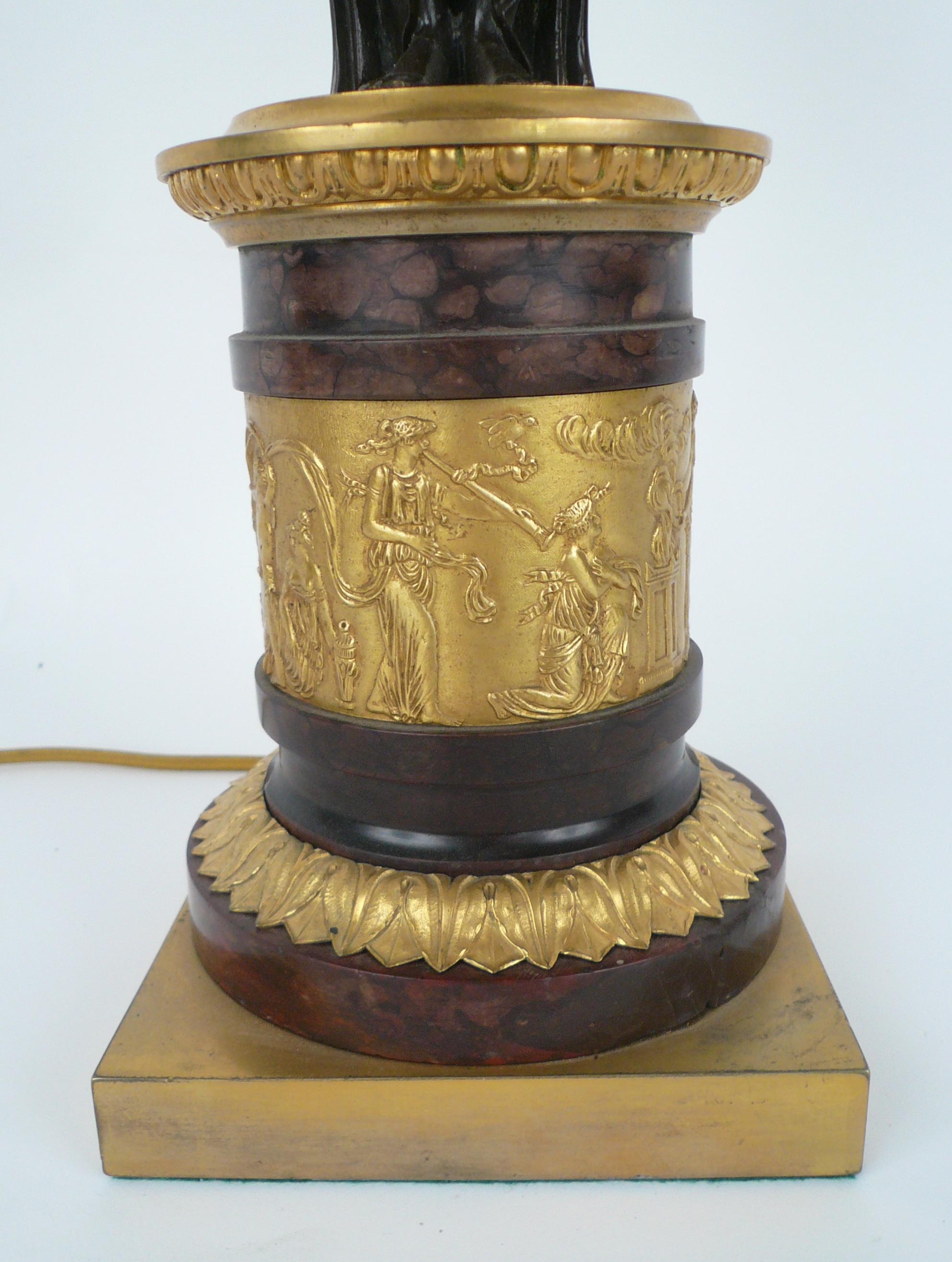 French Empire Gilt Bronze and Marble Figural Lamp Base In Good Condition For Sale In Pittsburgh, PA