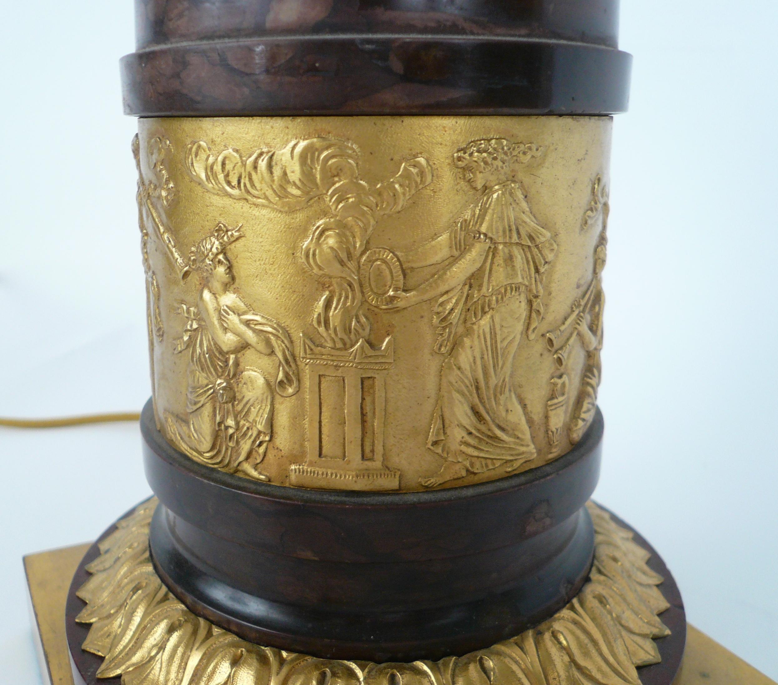19th Century French Empire Gilt Bronze and Marble Figural Lamp Base For Sale