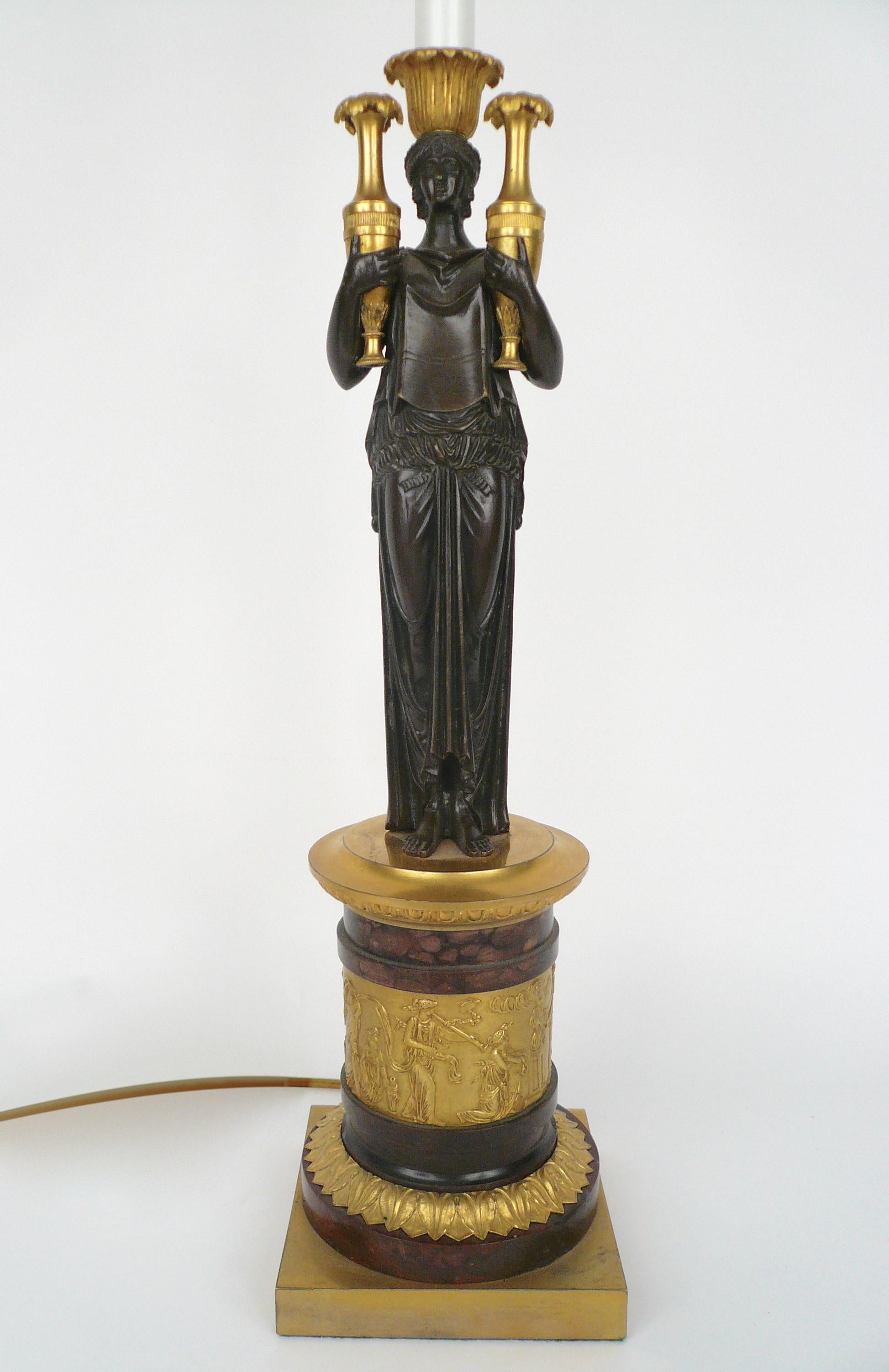 French Empire Gilt Bronze and Marble Figural Lamp Base For Sale 1