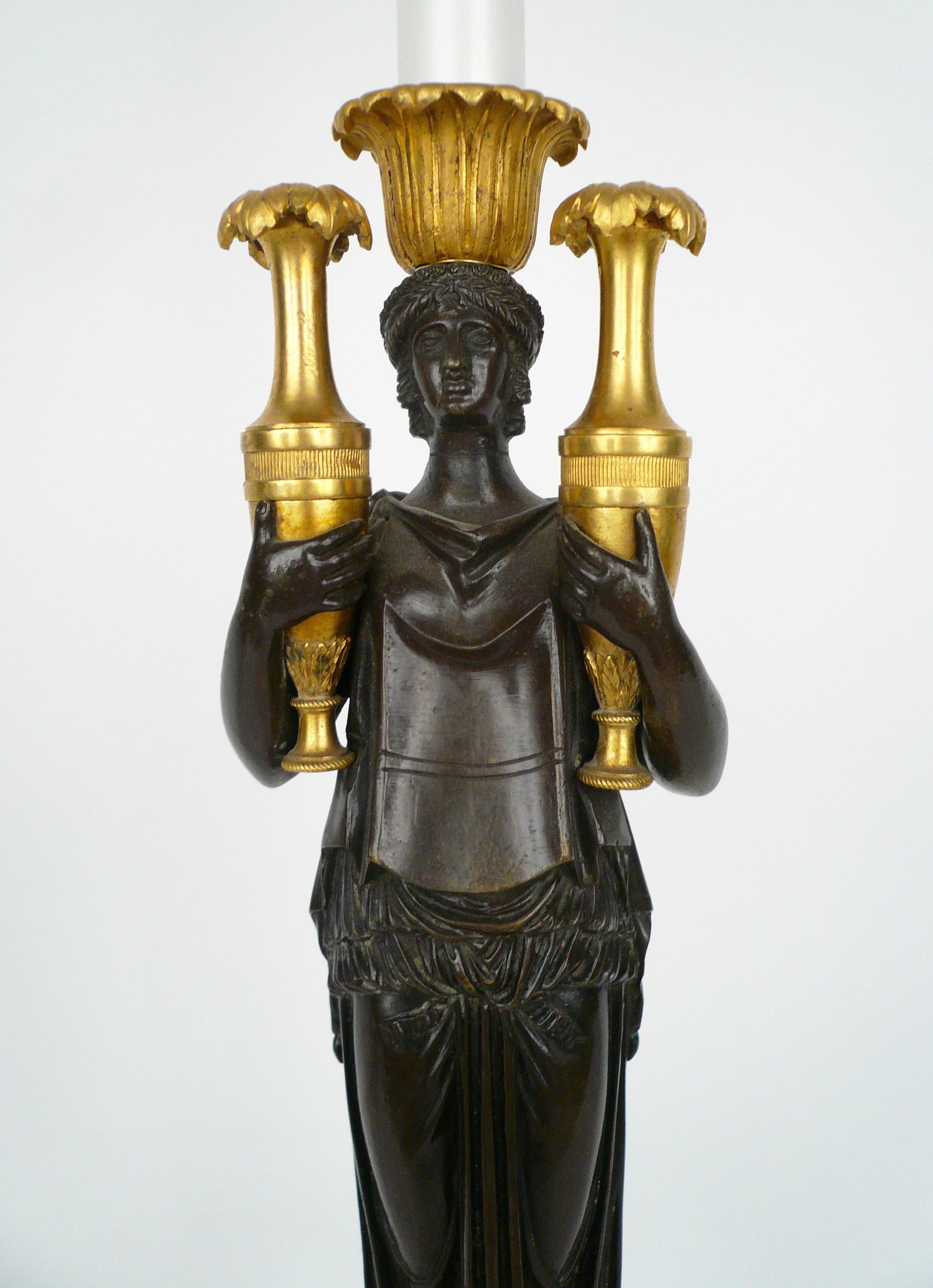 French Empire Gilt Bronze and Marble Figural Lamp Base For Sale 2