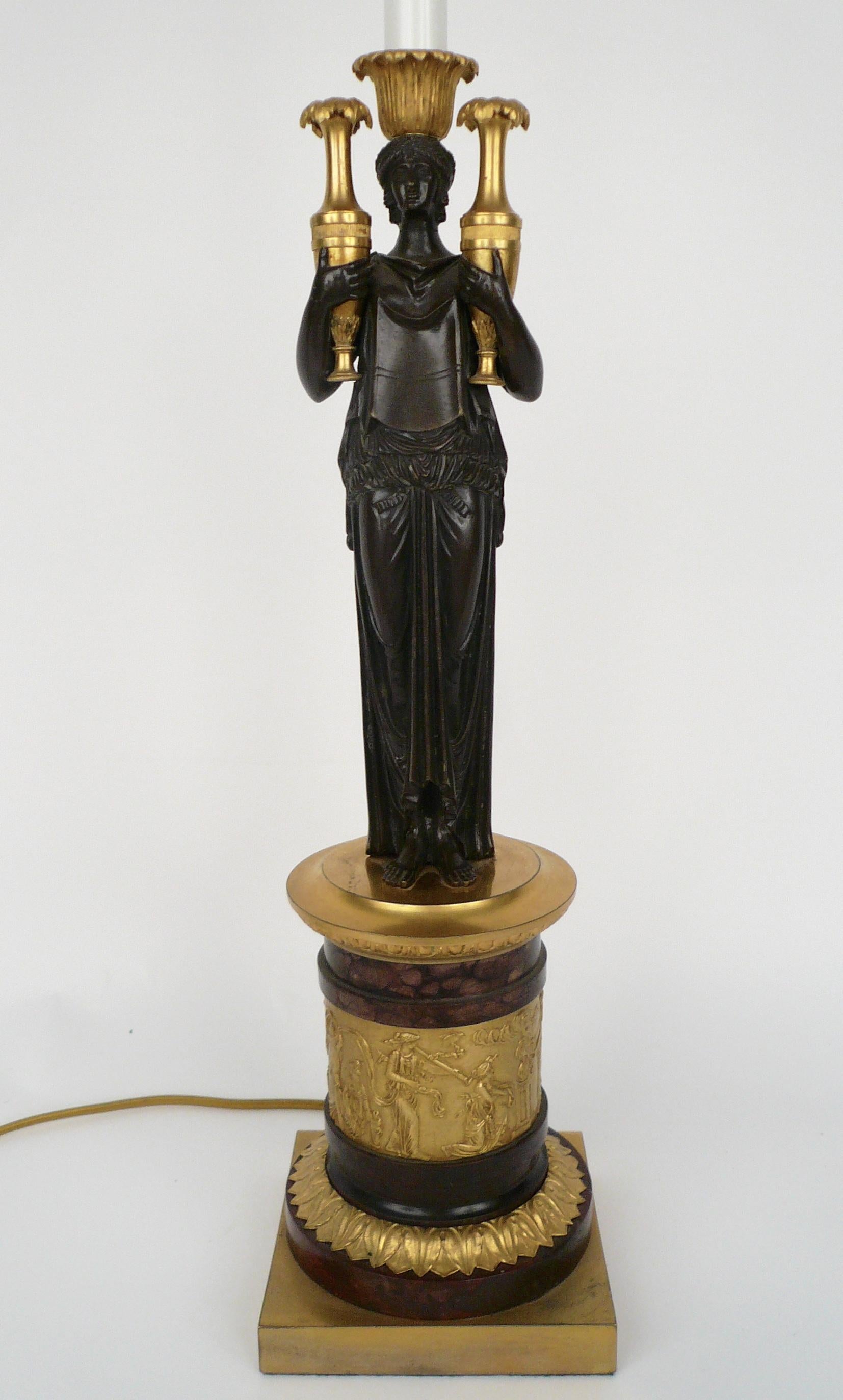 French Empire Gilt Bronze and Marble Figural Lamp Base For Sale 4