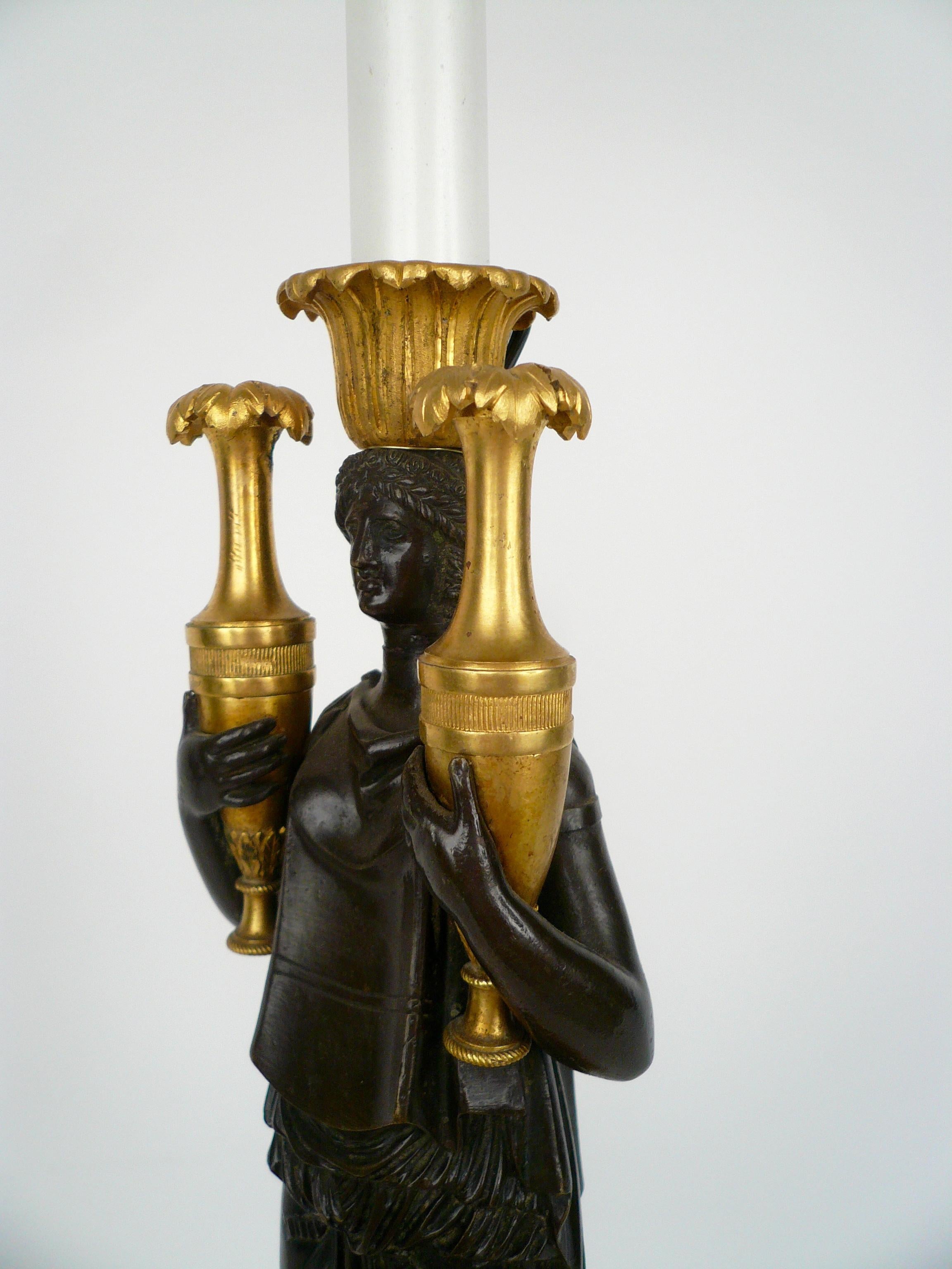 French Empire Gilt Bronze and Marble Figural Lamp Base For Sale 5