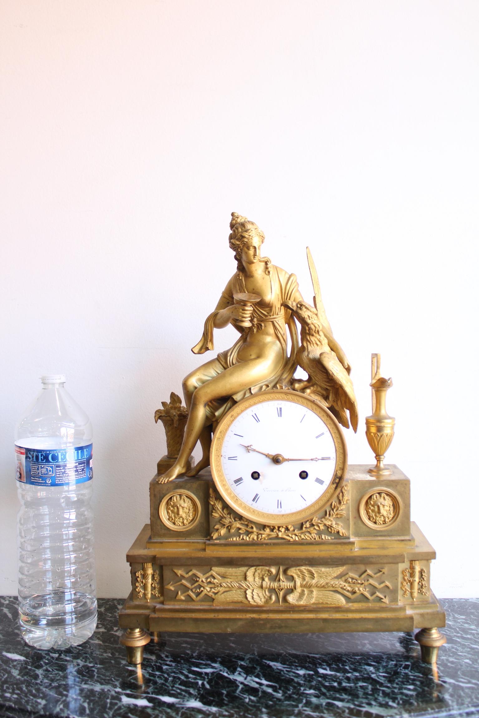 French Empire Gilt Bronze Clock of Hebé and the Eagle 6