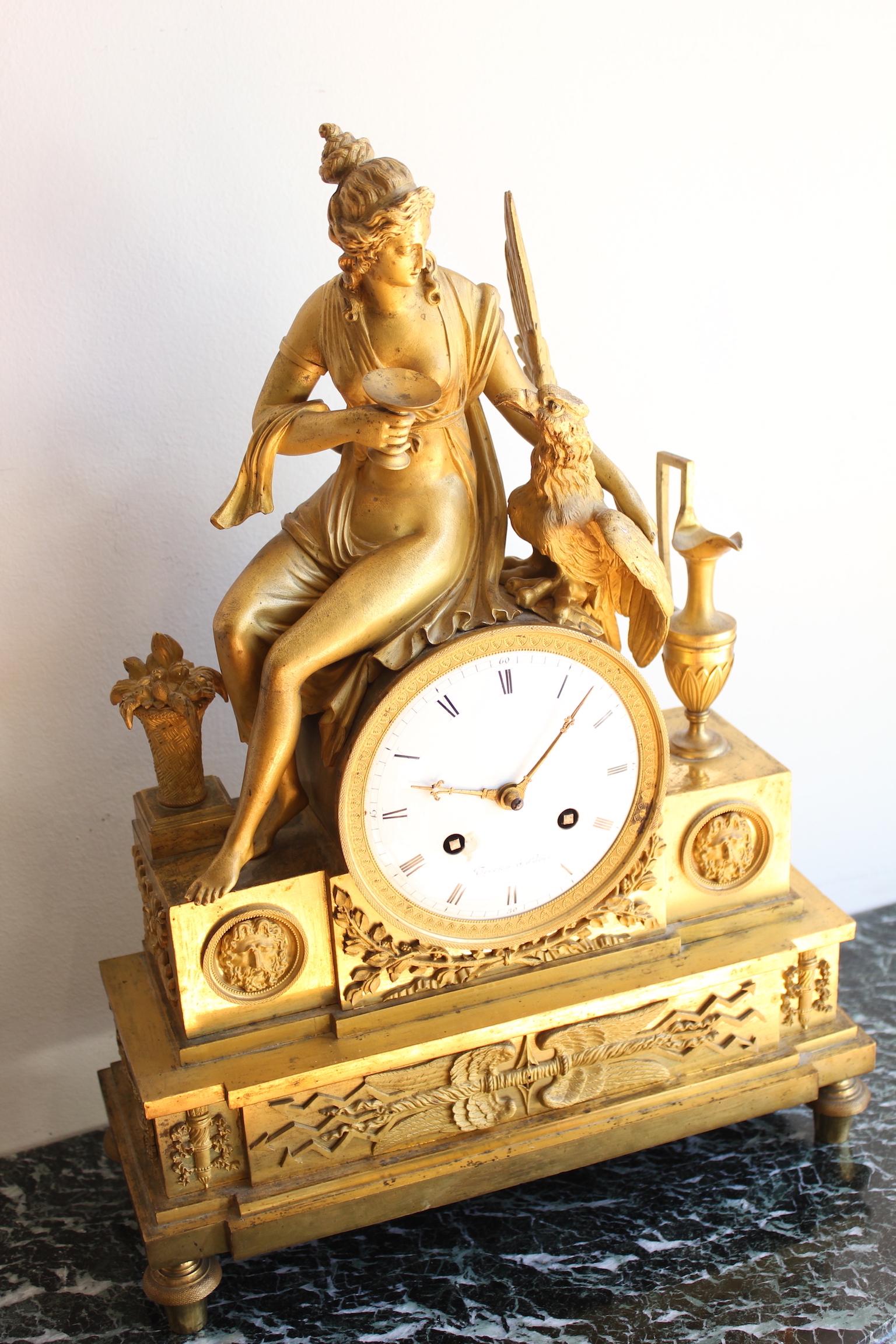 French Empire Gilt Bronze Clock of Hebé and the Eagle 7