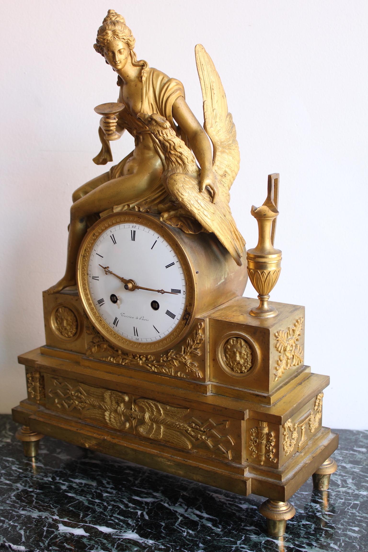 French Empire Gilt Bronze Clock of Hebé and the Eagle In Good Condition In Marseille, FR