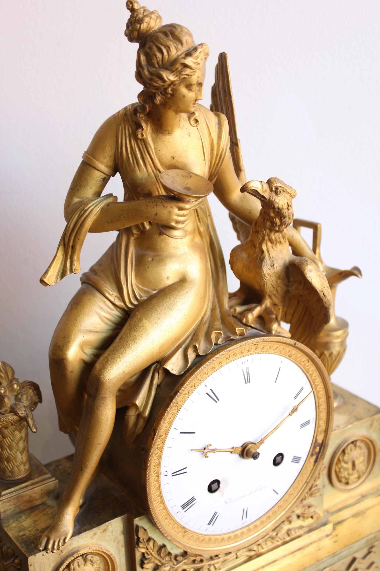 19th Century French Empire Gilt Bronze Clock of Hebé and the Eagle