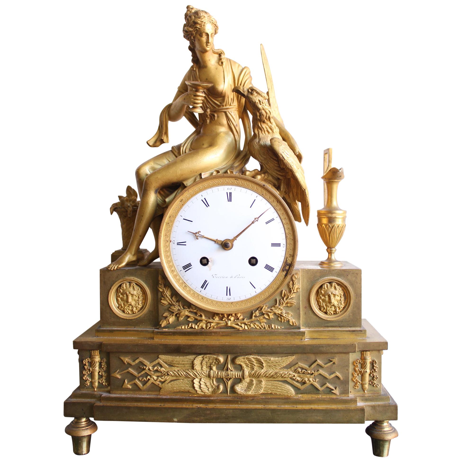 French Empire Gilt Bronze Clock of Hebé and the Eagle