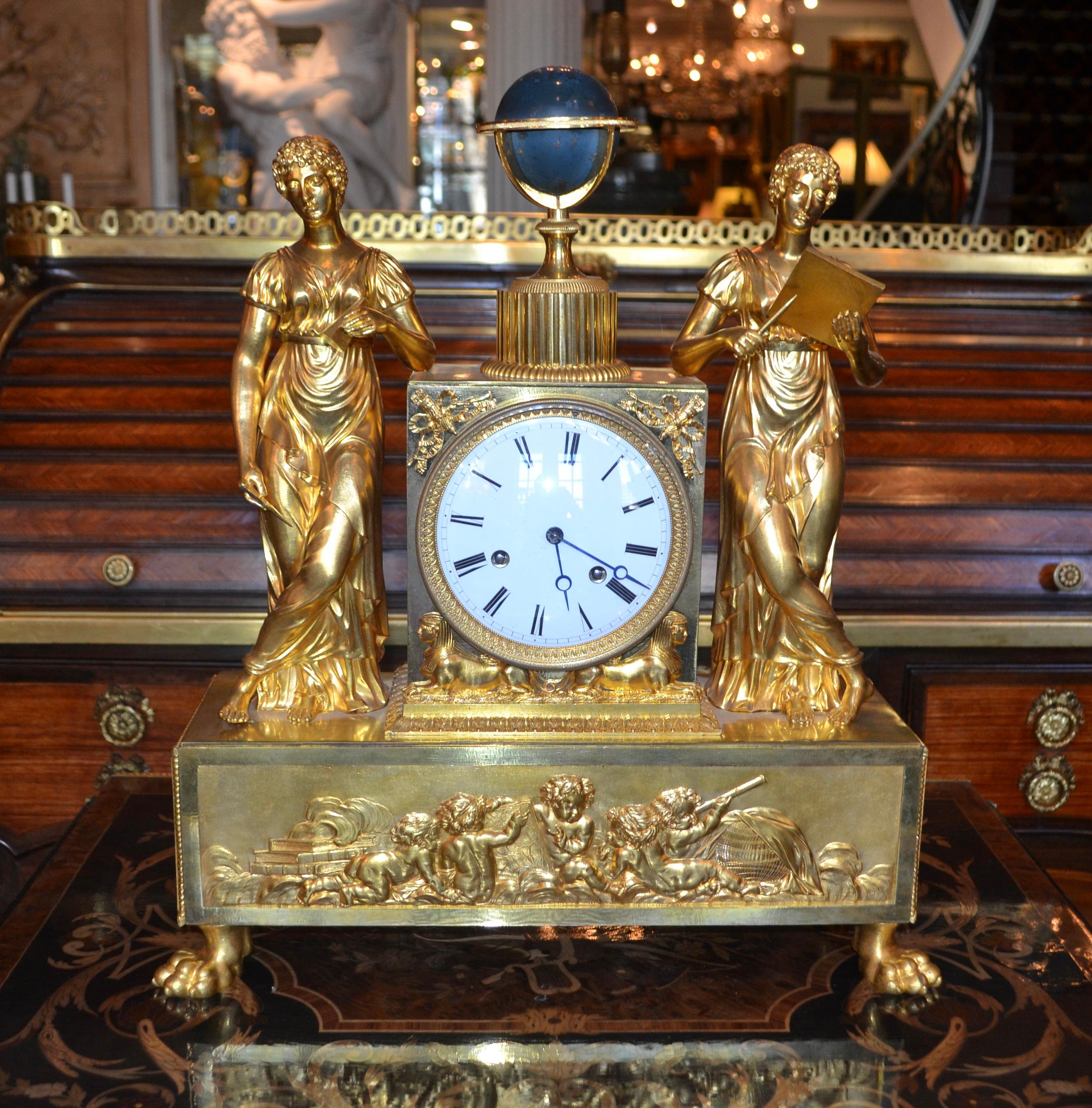  French Empire Gilt Bronze Allegorical Clock Depicting the Astronomical Sciences For Sale 13
