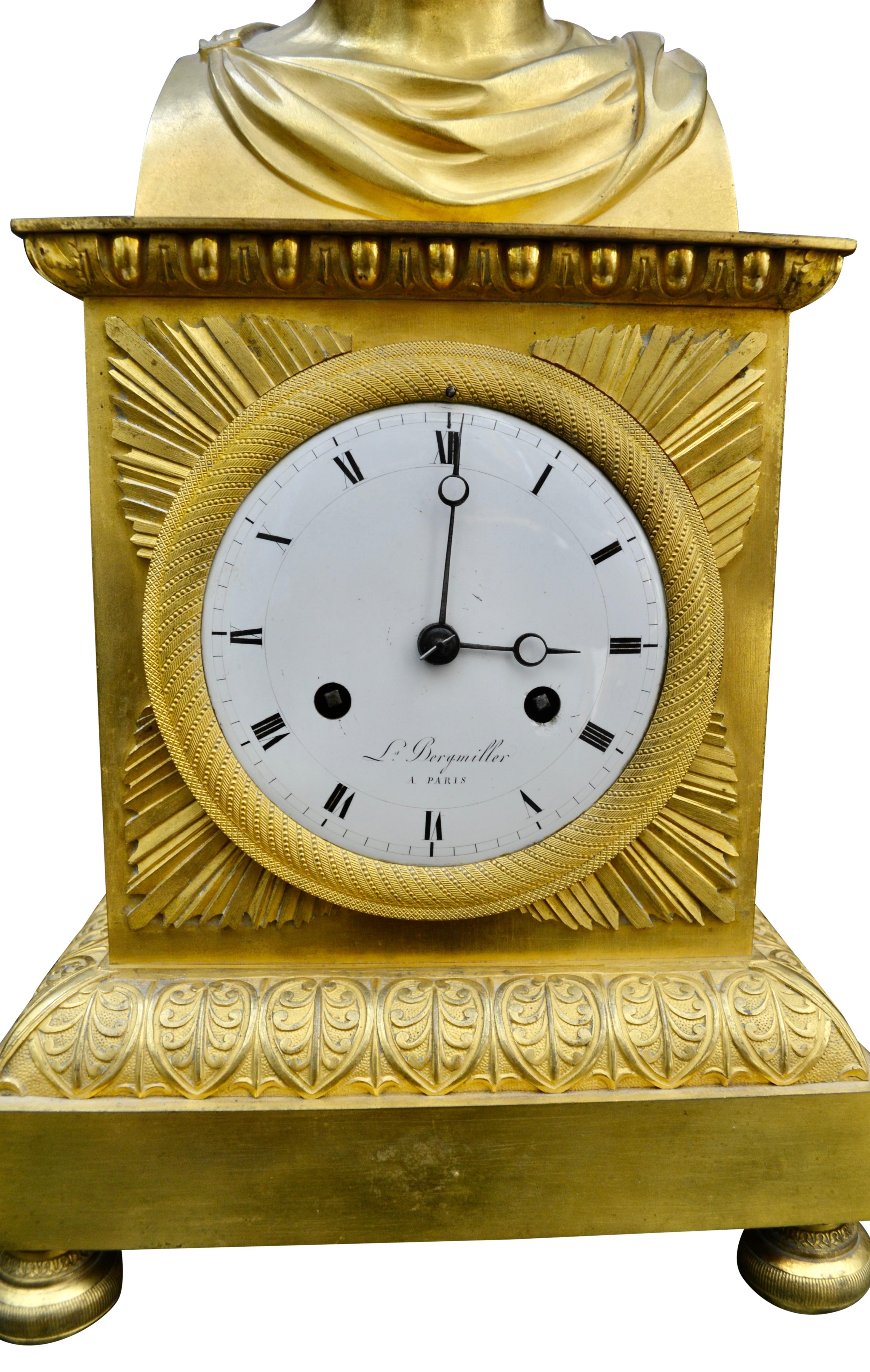 French Empire Gilt Bronze Clock with Bust of Apollo Belvedere 1
